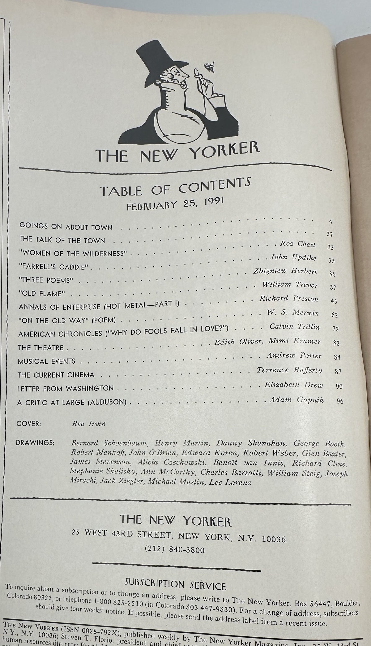 The New Yorker Magazine February 25, 1991 Eustace Tilley Rea Irvin Cover VG table of contents page with featured articles, poems, reviews, and contributor listings.