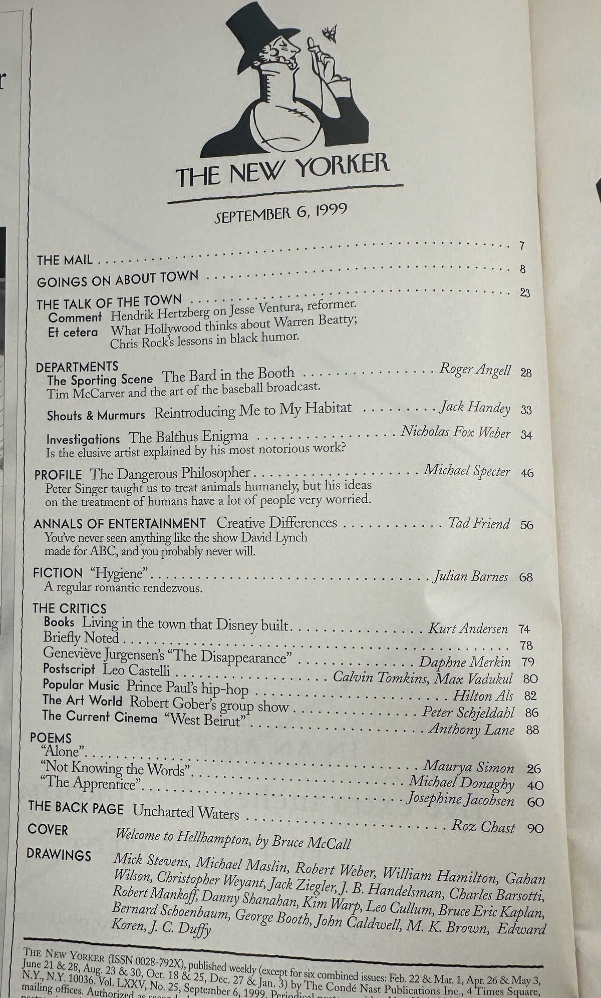 The New Yorker Magazine September 6, 1999 Welcome to Hellhampton Bruce McCall Cover VG, table of contents page listing articles, departments, fiction, poems, and drawings.
