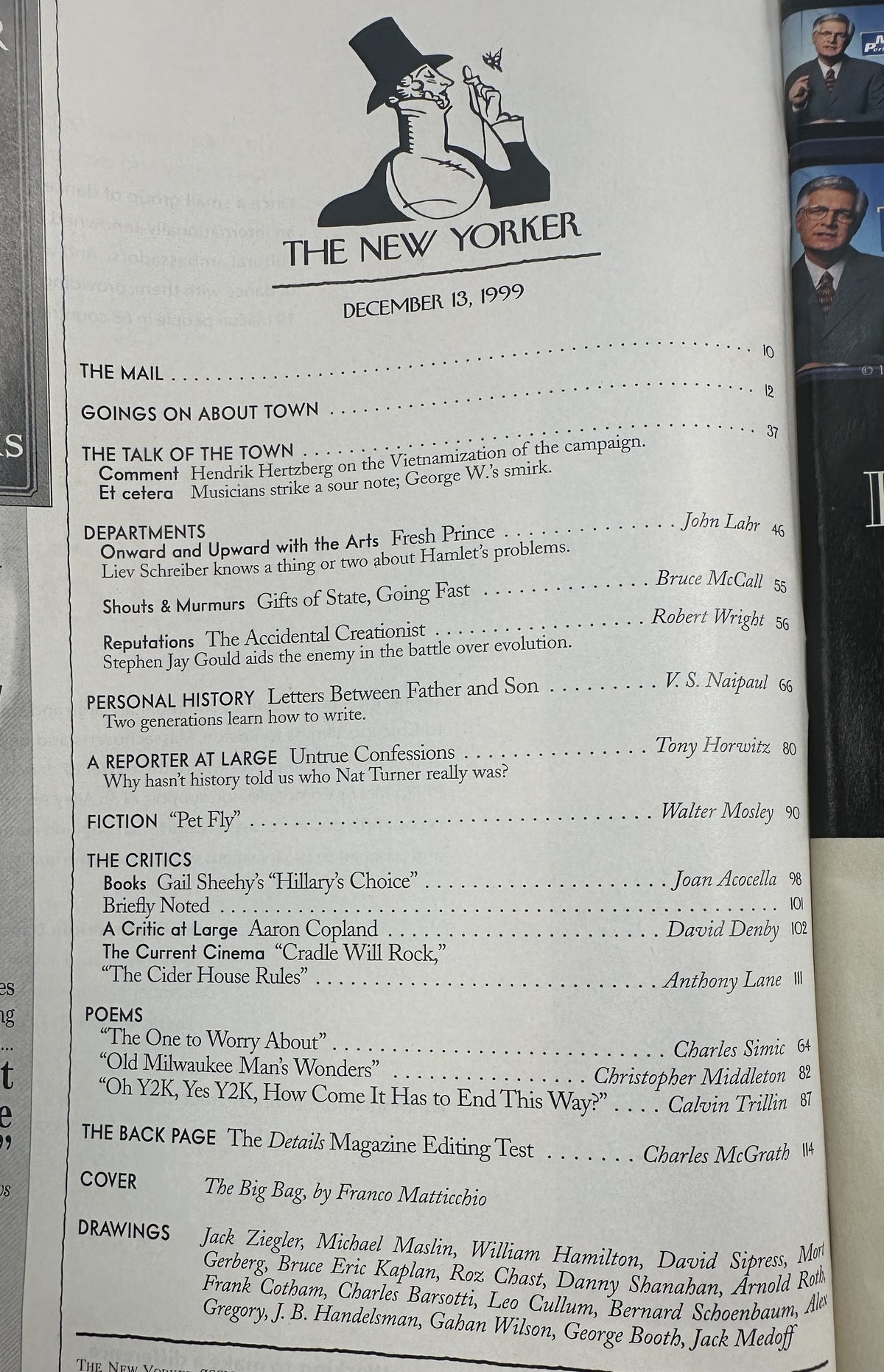 The New Yorker Magazine December 13, 1999 Santa Big Bag Franco Matticchio Cover VG, interior table of contents page listing articles, departments, fiction, poems, critics, drawings, and cover artist Franco Matticchio.