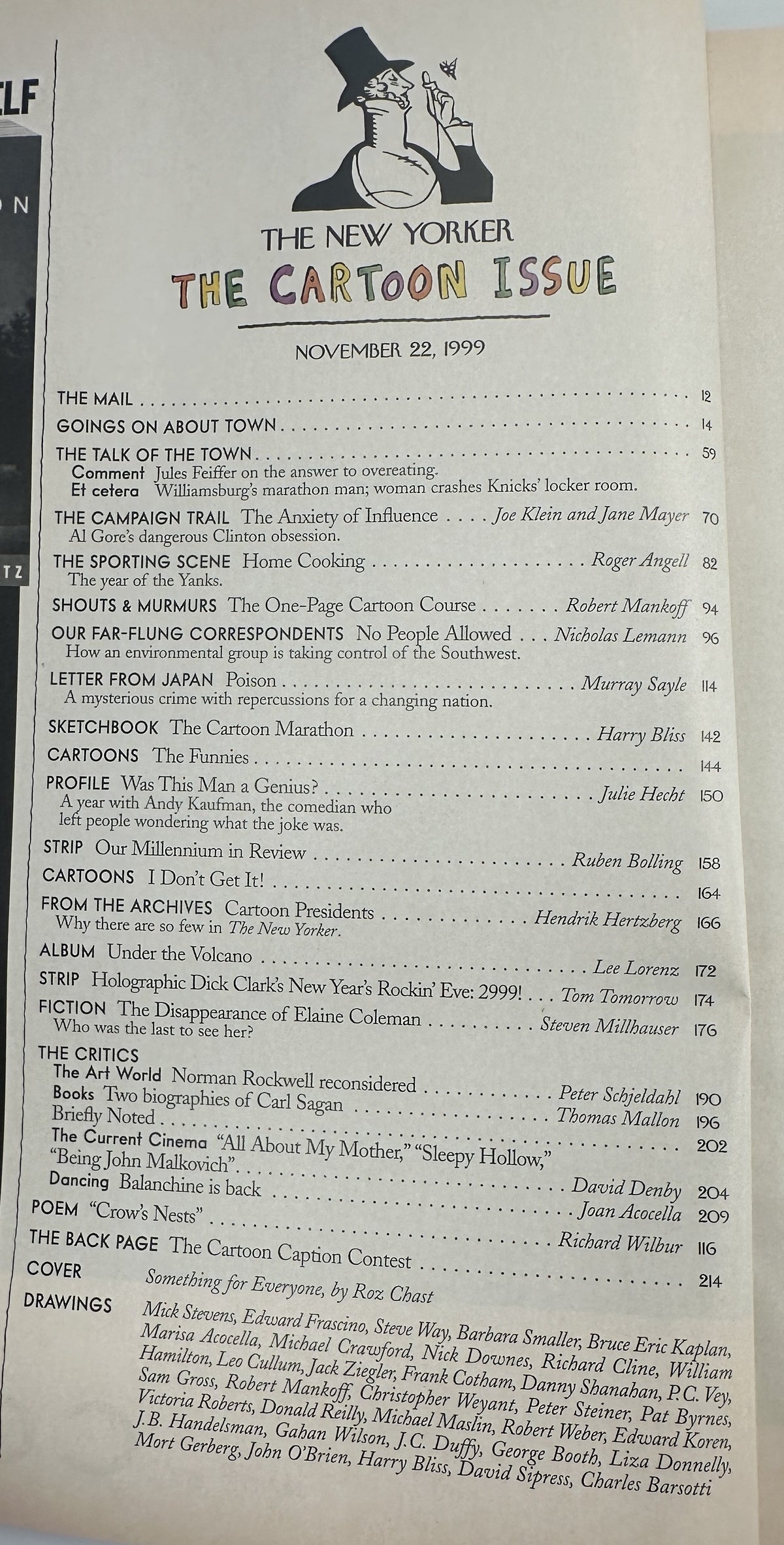 The New Yorker Magazine November 22, 1999 Cartoon Newsstand Roz Chast Cover VG, contents page listing cartoons, articles, fiction, reviews, and Roz Chast cover credit