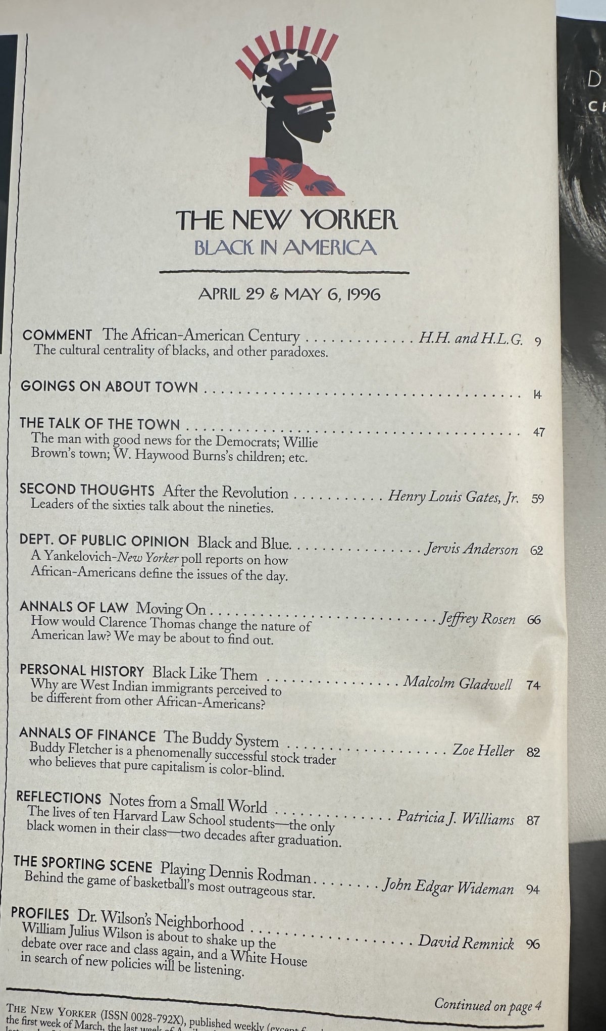 The New Yorker Magazine April 29 & May 6, 1996 Black in America Michael Roberts Cover, showing the issue's table of contents with articles on African-American culture, race, law, finance, sports, and society.