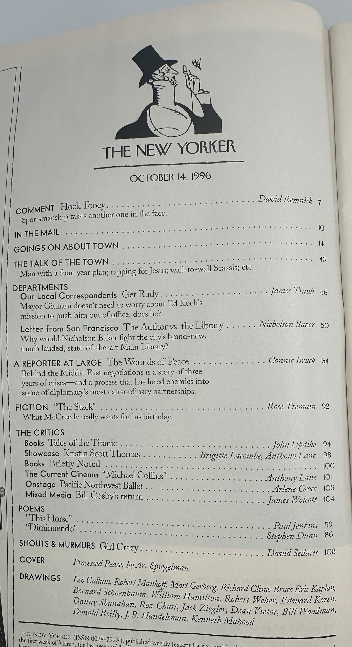 The New Yorker Magazine October 14, 1996 White Dove Art Spiegelman Cover, open to the table of contents page showing featured articles, fiction, reviews, poems, and drawings.