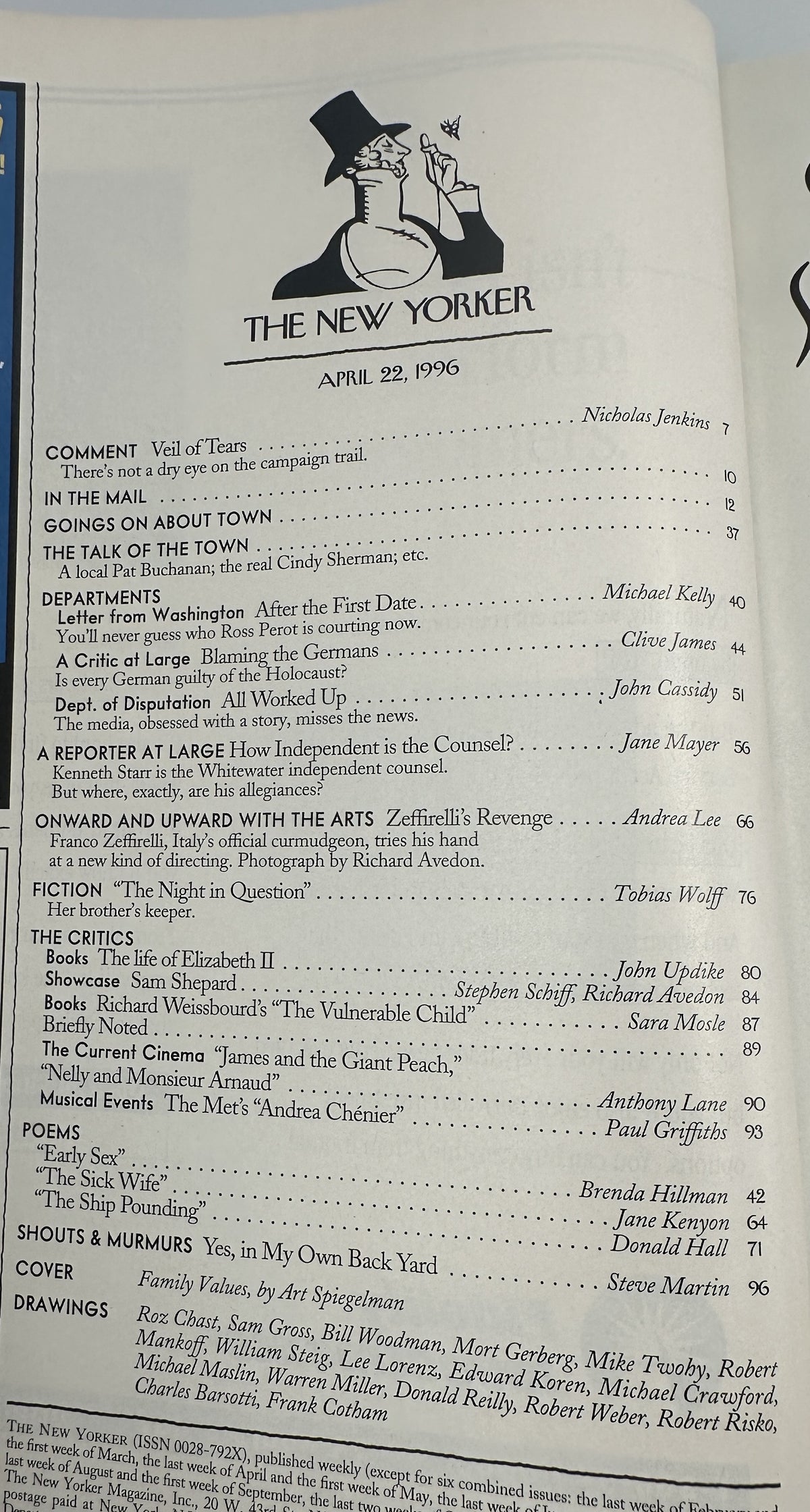 The New Yorker Magazine April 22, 1996 Family Portrait Art Spiegelman Cover showing the magazine table of contents and editorial listings