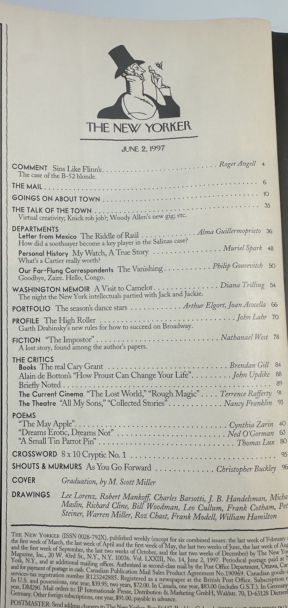 The New Yorker Magazine June 2, 1997 Graduation M. Scott Miller Cover showing the magazine table of contents and feature listings