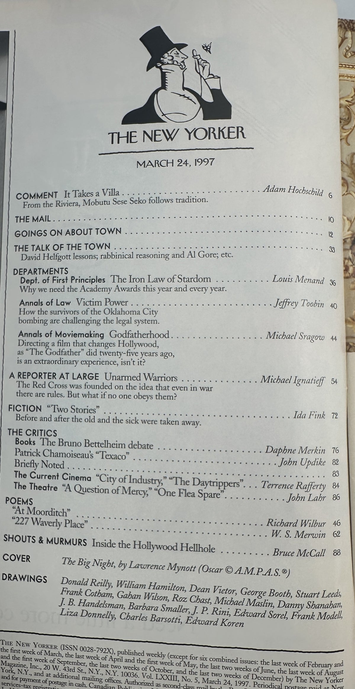 The New Yorker Magazine March 24, 1997 Oscars Limo Lawrence Mynott Cover, interior table of contents page listing articles, departments, fiction, criticism, poems, drawings, and the Lawrence Mynott cover illustration.
