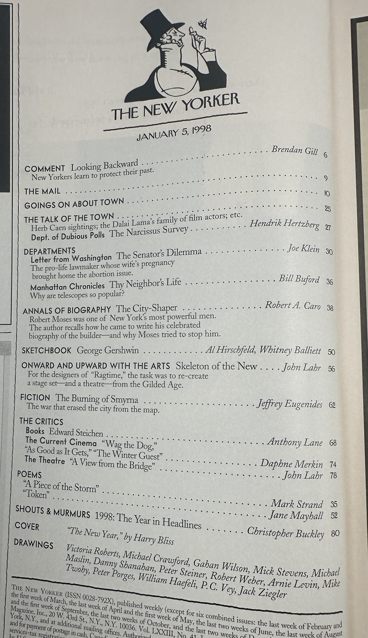 The New Yorker Magazine January 5, 1998 New Year Staircase Harry Bliss Cover table of contents page with articles, fiction, poems, criticism, and cartoons listed.