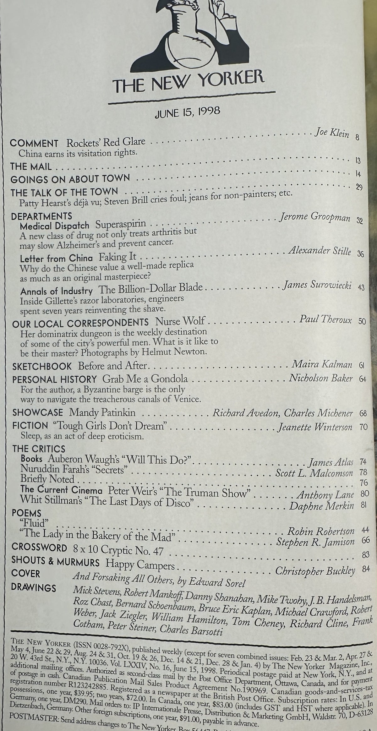 The New Yorker Magazine June 15, 1998 Wedding Angels Edward Sorel Cover, open to the issue table of contents page with feature articles, departments, fiction, poems, and cartoons listed.