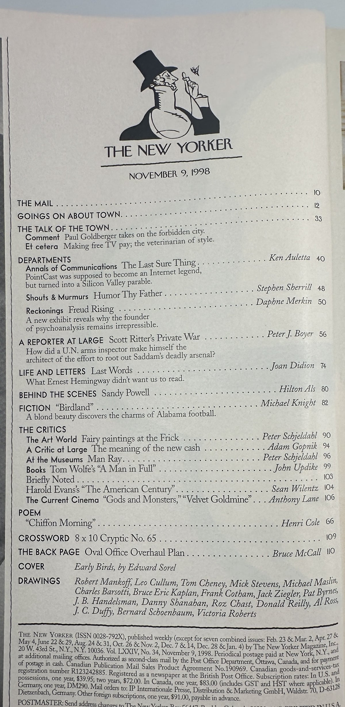 The New Yorker Magazine November 9, 1998 Central Park Early Birds Edward Sorel Cover table of contents page featuring articles, fiction, reviews, crossword, drawings, and cover credits.