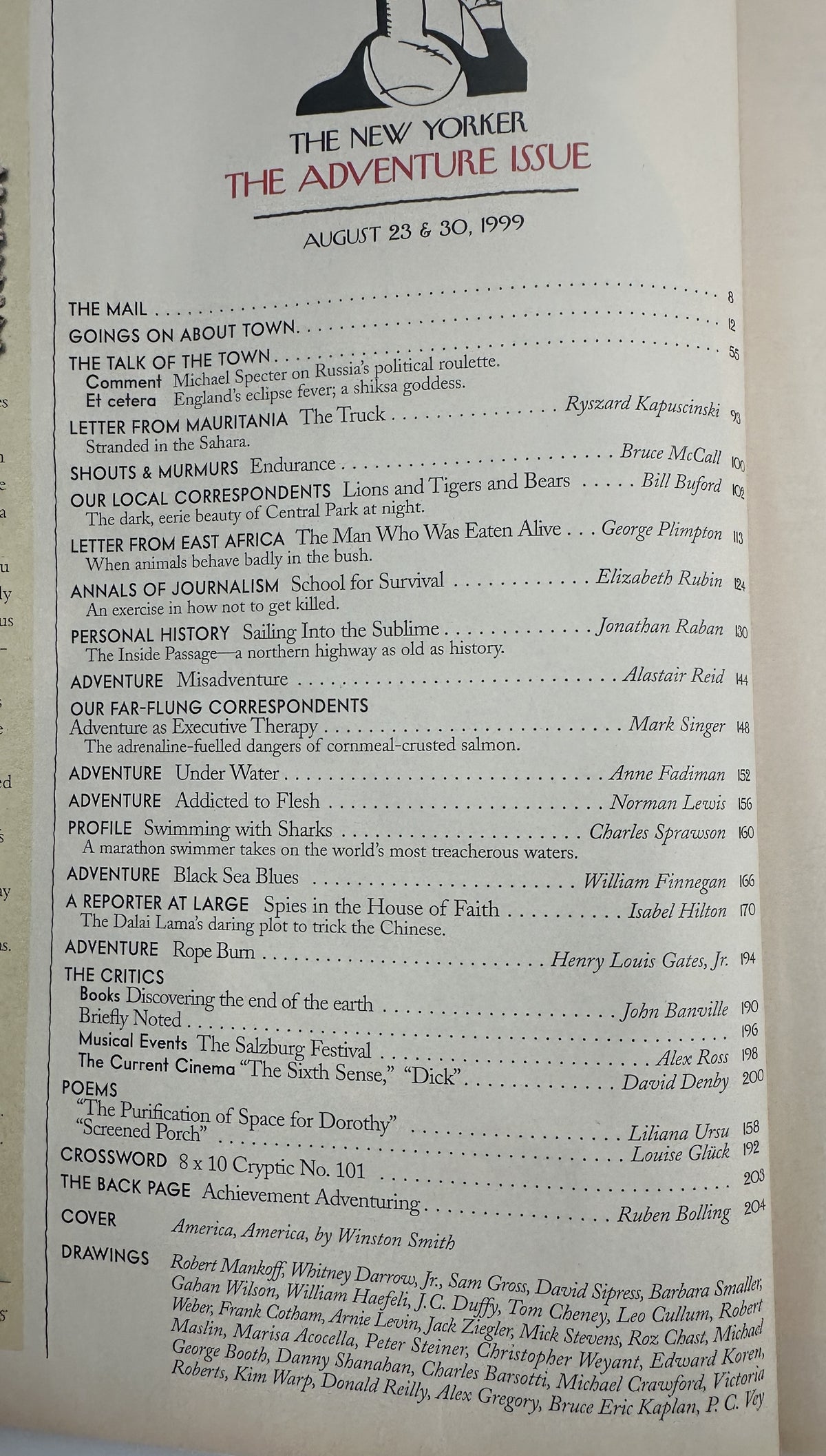 Table of contents page from The New Yorker Magazine August 23 & 30, 1999 Adventure Diver Liberty Winston Smith Cover, showing adventure-themed articles and magazine departments.