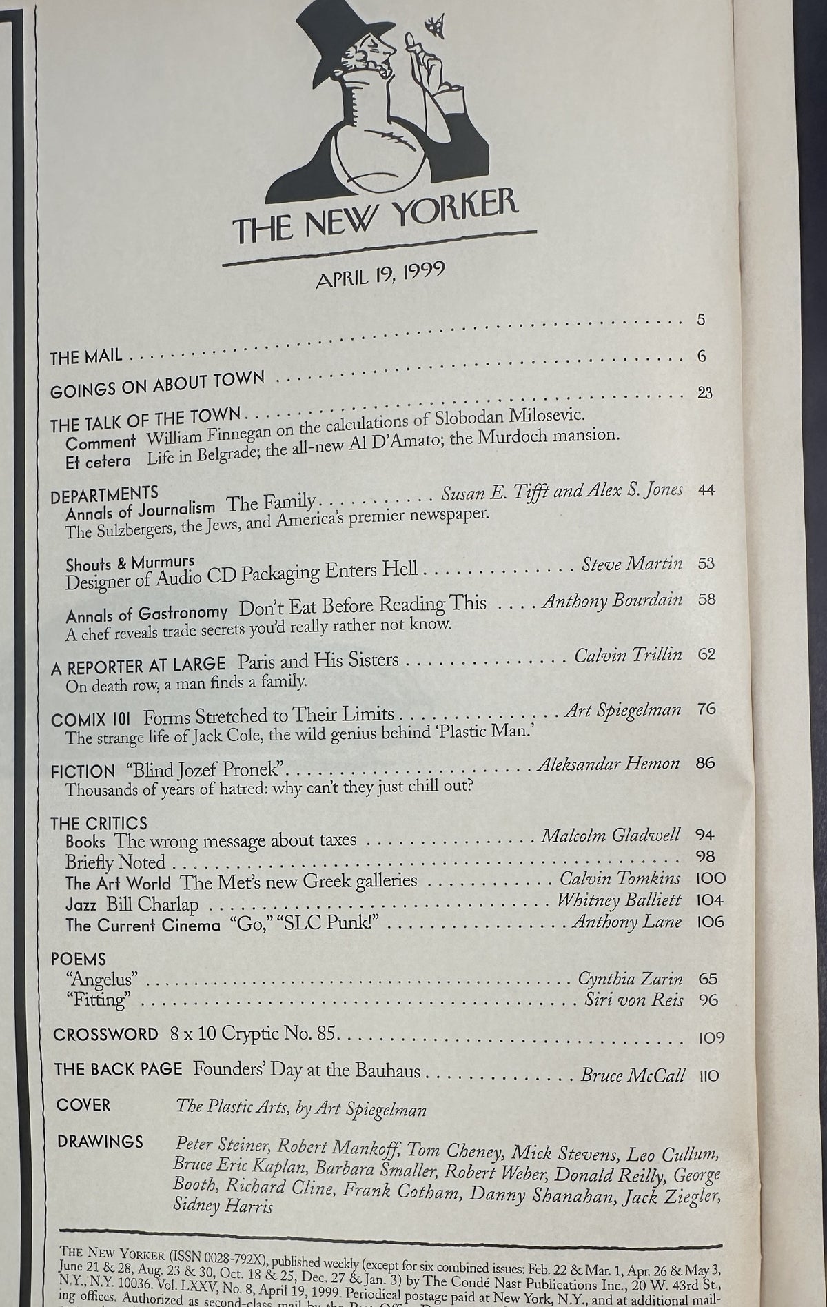 The New Yorker Magazine April 19, 1999 The Plastic Arts Art Spiegelman Cover table of contents page featuring departments, articles, fiction, reviews, poems, crossword, and drawings.