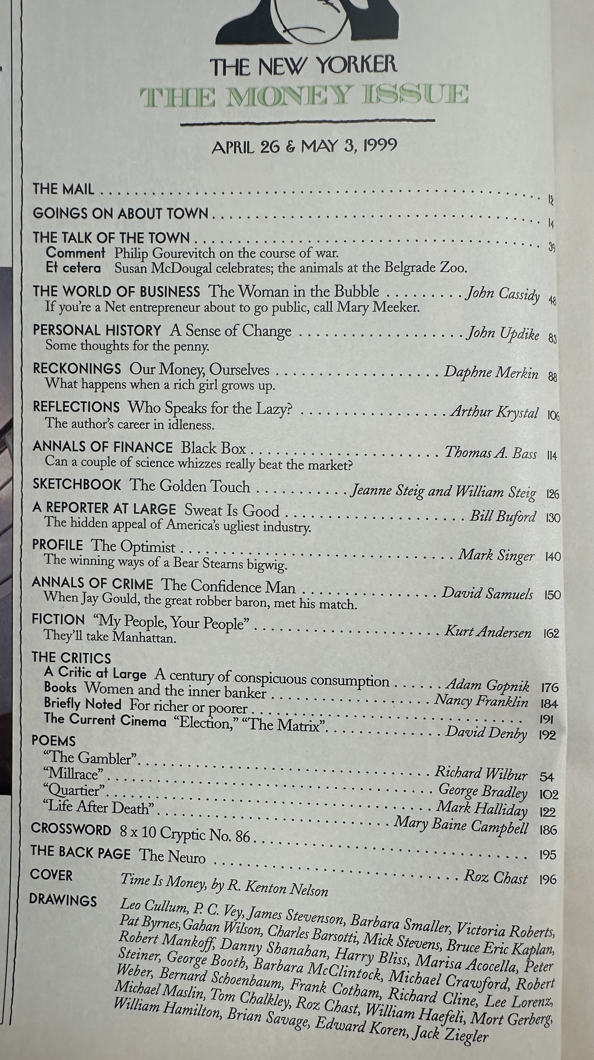 The New Yorker Magazine April 26 & May 3, 1999 Money Issue Waiting Room R. Kenton Nelson Cover, table of contents page featuring articles, poems, fiction, reviews, drawings, and the R. Kenton Nelson cover credit.