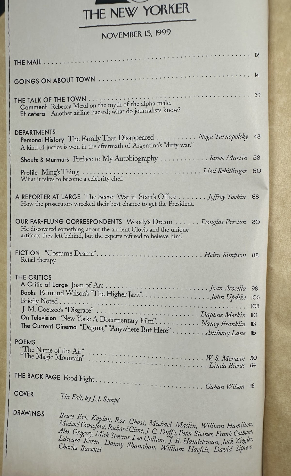 The New Yorker Magazine November 15, 1999 Central Park Fall Leaves J. J. Sempé Cover, table of contents page listing articles, fiction, poems, reviews, departments, drawings, and cover artwork by J. J. Sempé.