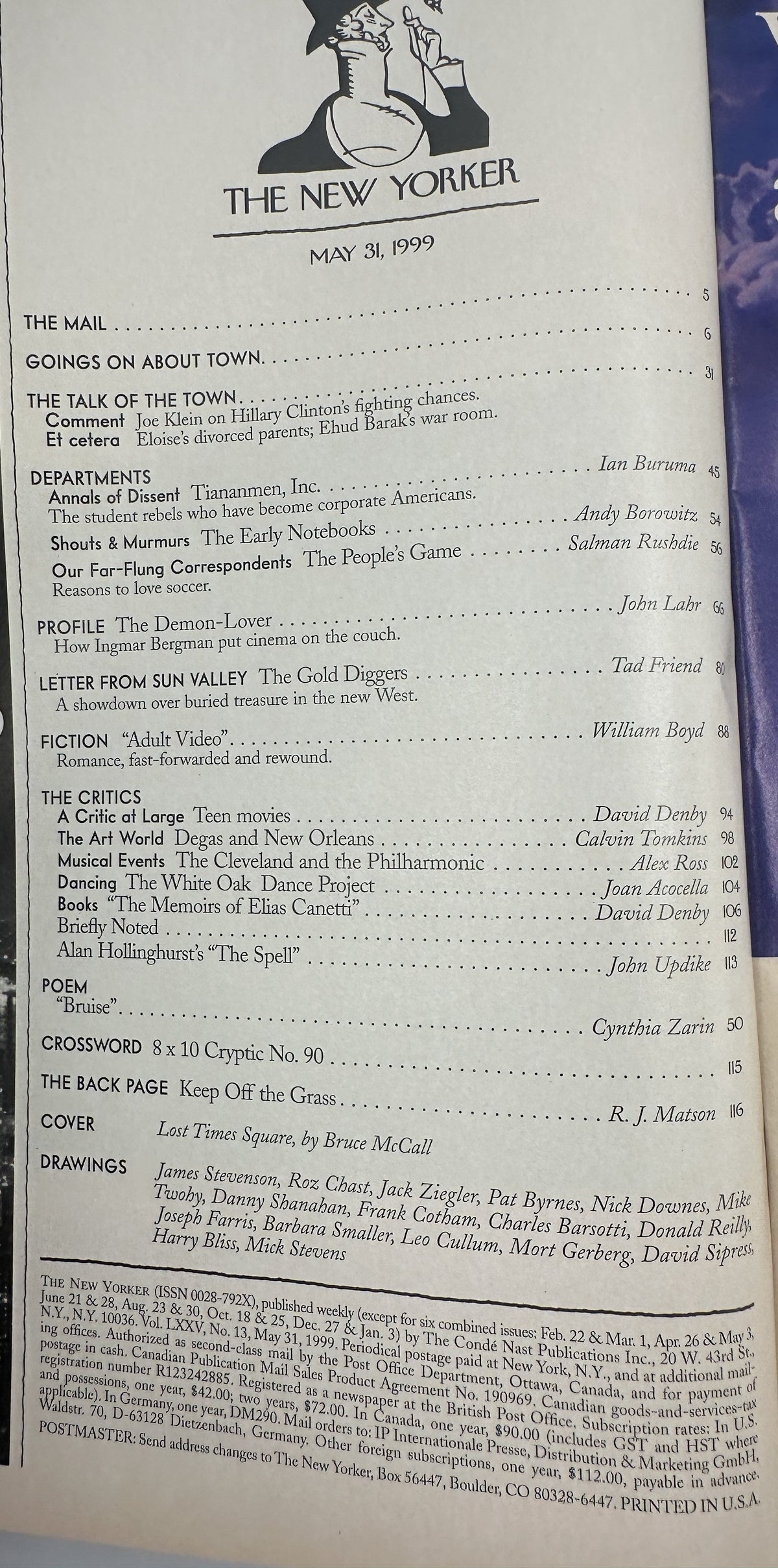 The New Yorker Magazine May 31, 1999 Lost Times Square Bruce McCall Cover, showing the magazine table of contents page with departments, articles, fiction, criticism, poem, crossword, and cover credits.