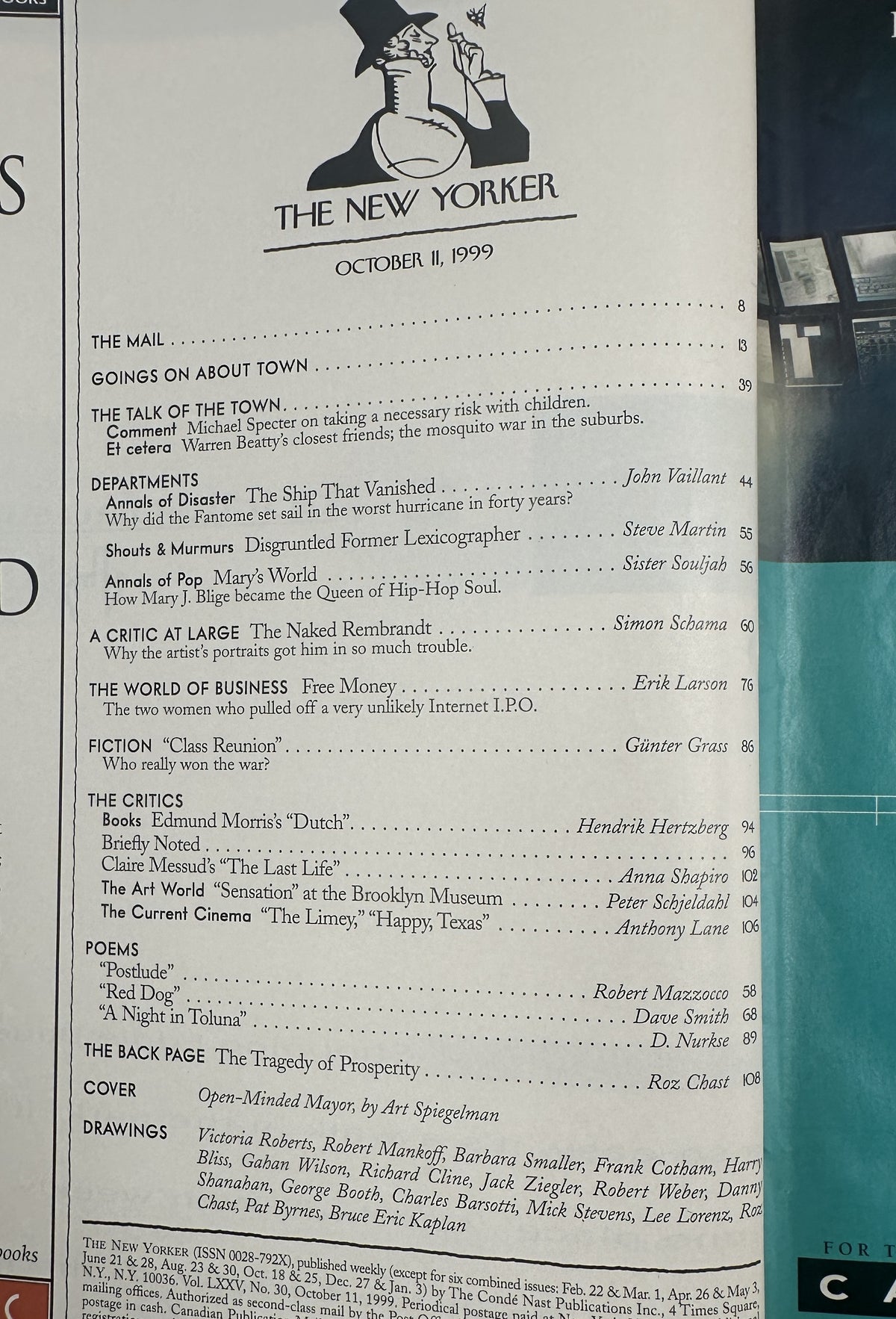 The New Yorker Magazine October 11, 1999 Open-Minded Mayor Art Spiegelman Cover, showing the issue's table of contents with featured articles, departments, critics, poems, drawings, and cover credits.