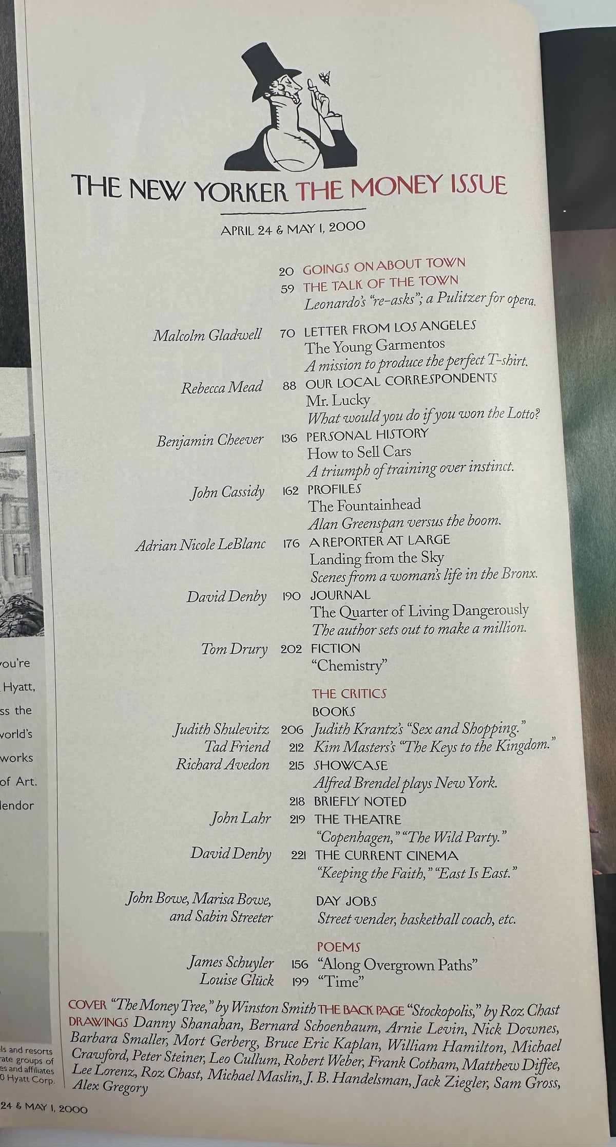 The New Yorker Magazine April 24 & May 1, 2000 Money Tree Roz Chast Cover VG, showing the table of contents for the Money Issue.