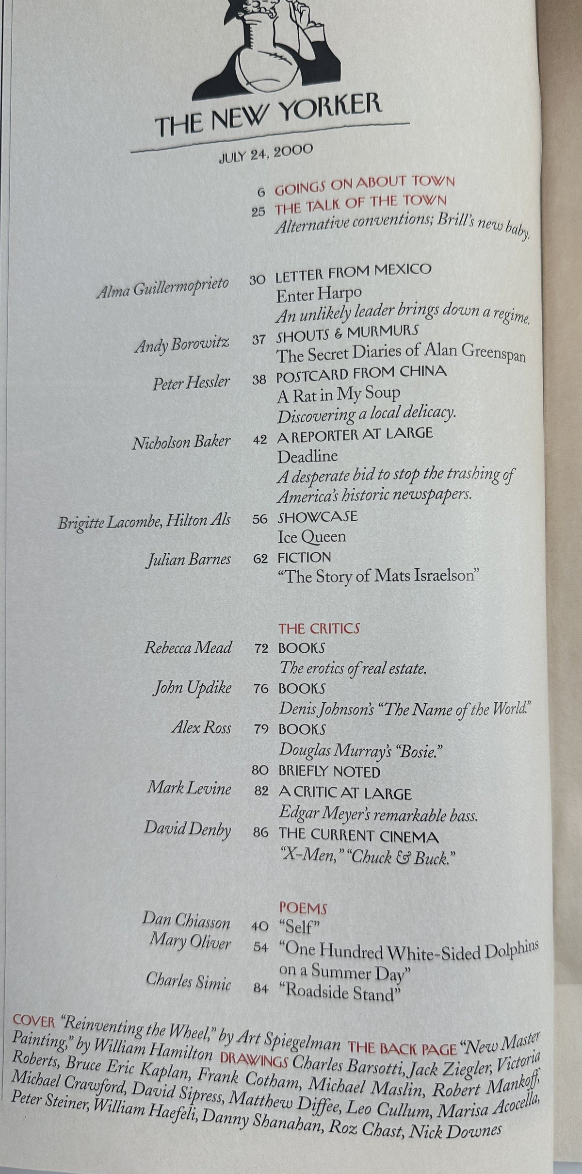The New Yorker Magazine July 24, 2000 Reinventing the Wheel Art Spiegelman Cover VG, showing the issue's printed table of contents with articles, poems, critics, drawings, and cover credits.