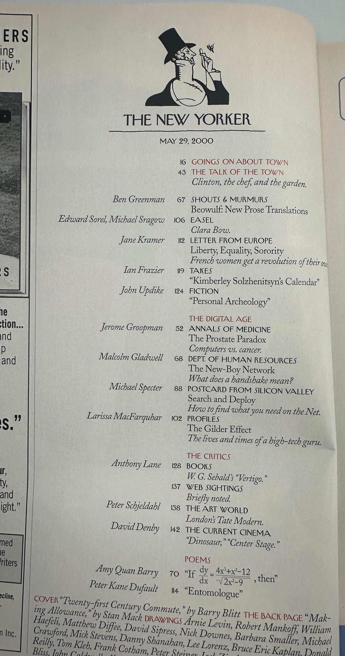 The New Yorker Magazine May 29, 2000 Twenty-first Century Commute Barry Blitt Cover VG table of contents page listing articles, fiction, poems, critics, and The Digital Age section.