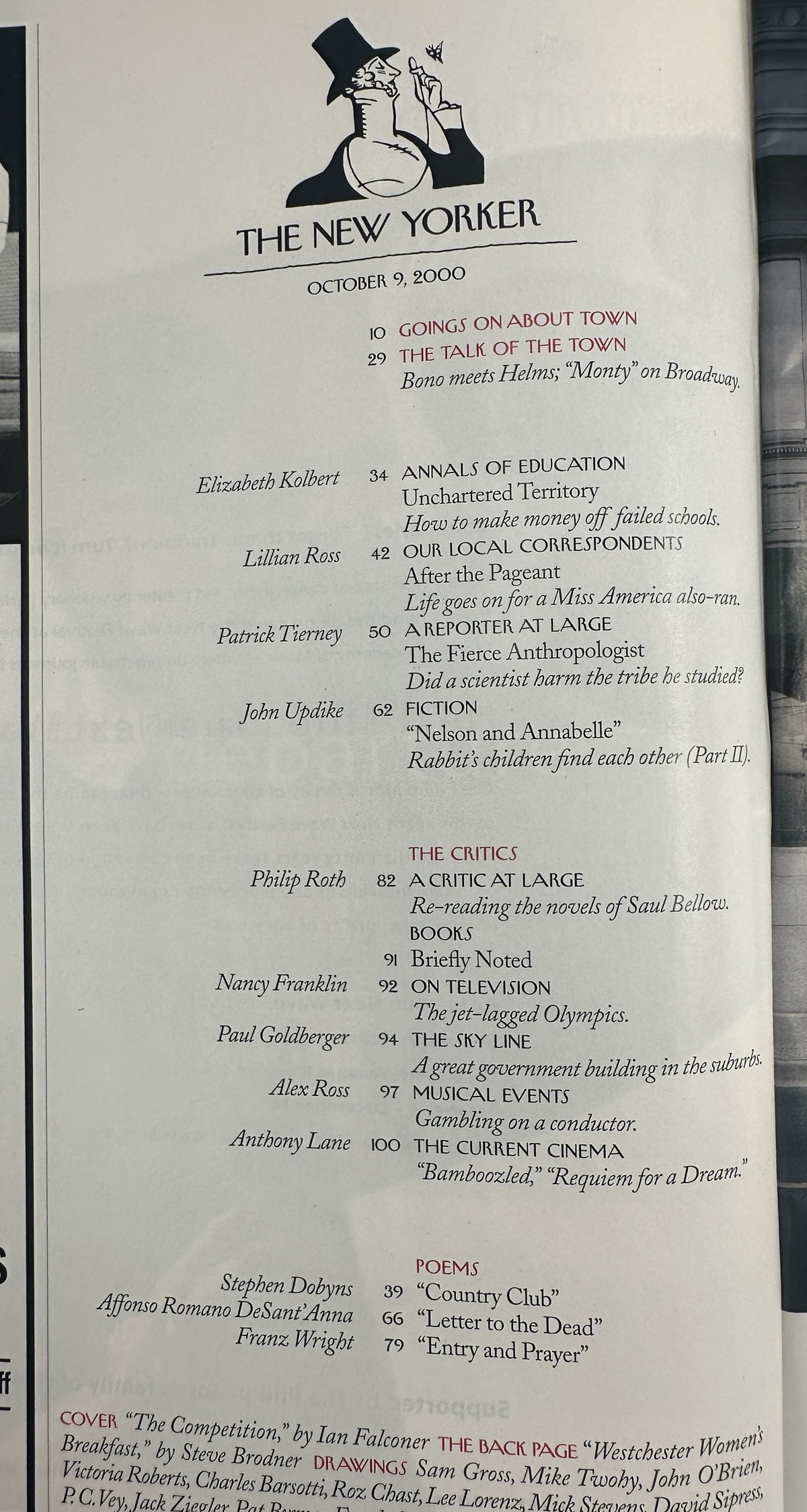 The New Yorker Magazine October 9, 2000 Miss America Pageant Ian Falconer Cover VG, showing the magazine’s table of contents with listings for articles, fiction, poems, criticism, and drawings.
