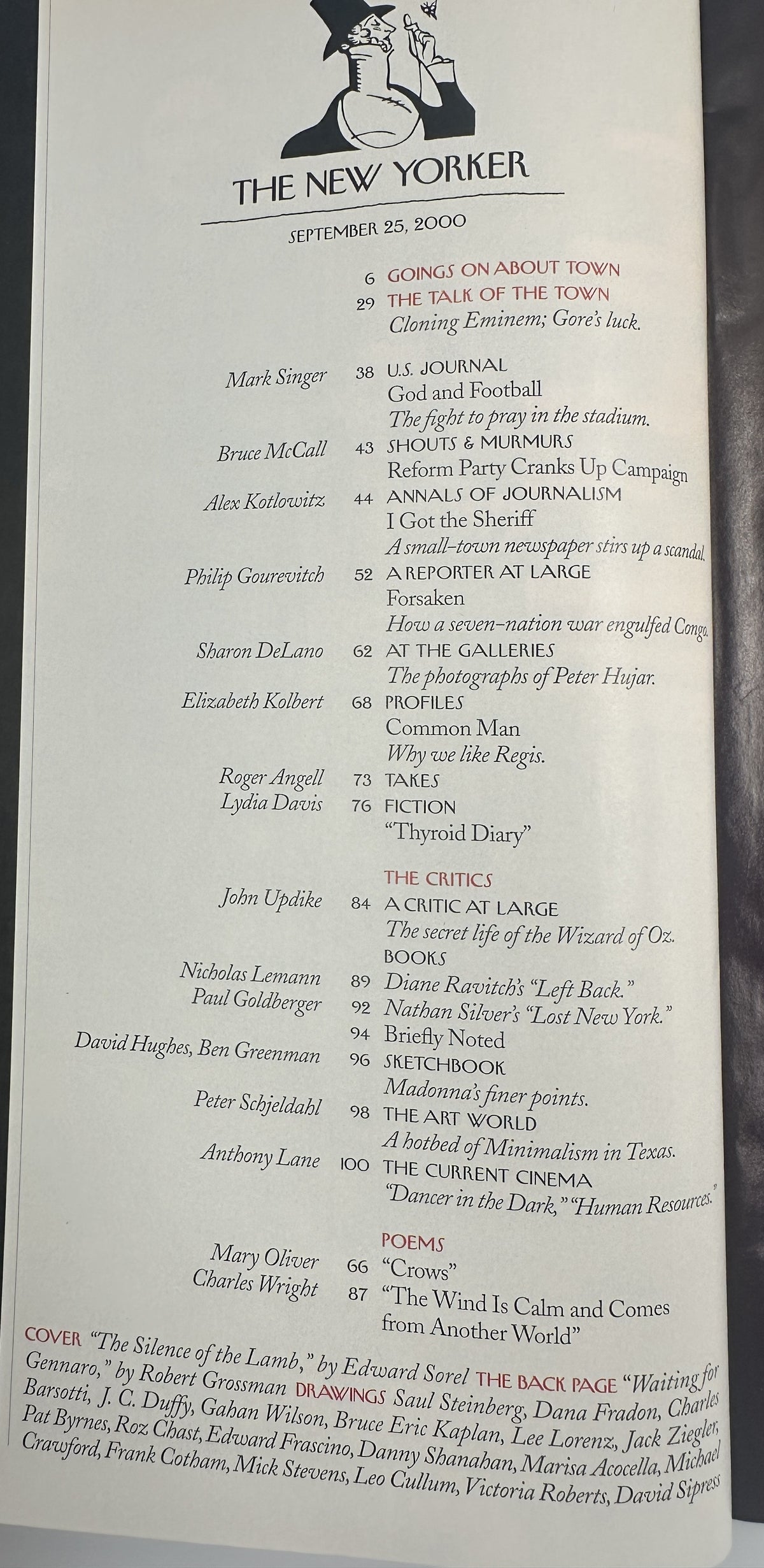 The New Yorker Magazine September 25, 2000 The Silence of the Lamb Edward Sorel Cover VG, table of contents page listing articles, fiction, poems, reviews, cartoons, and cover credits.