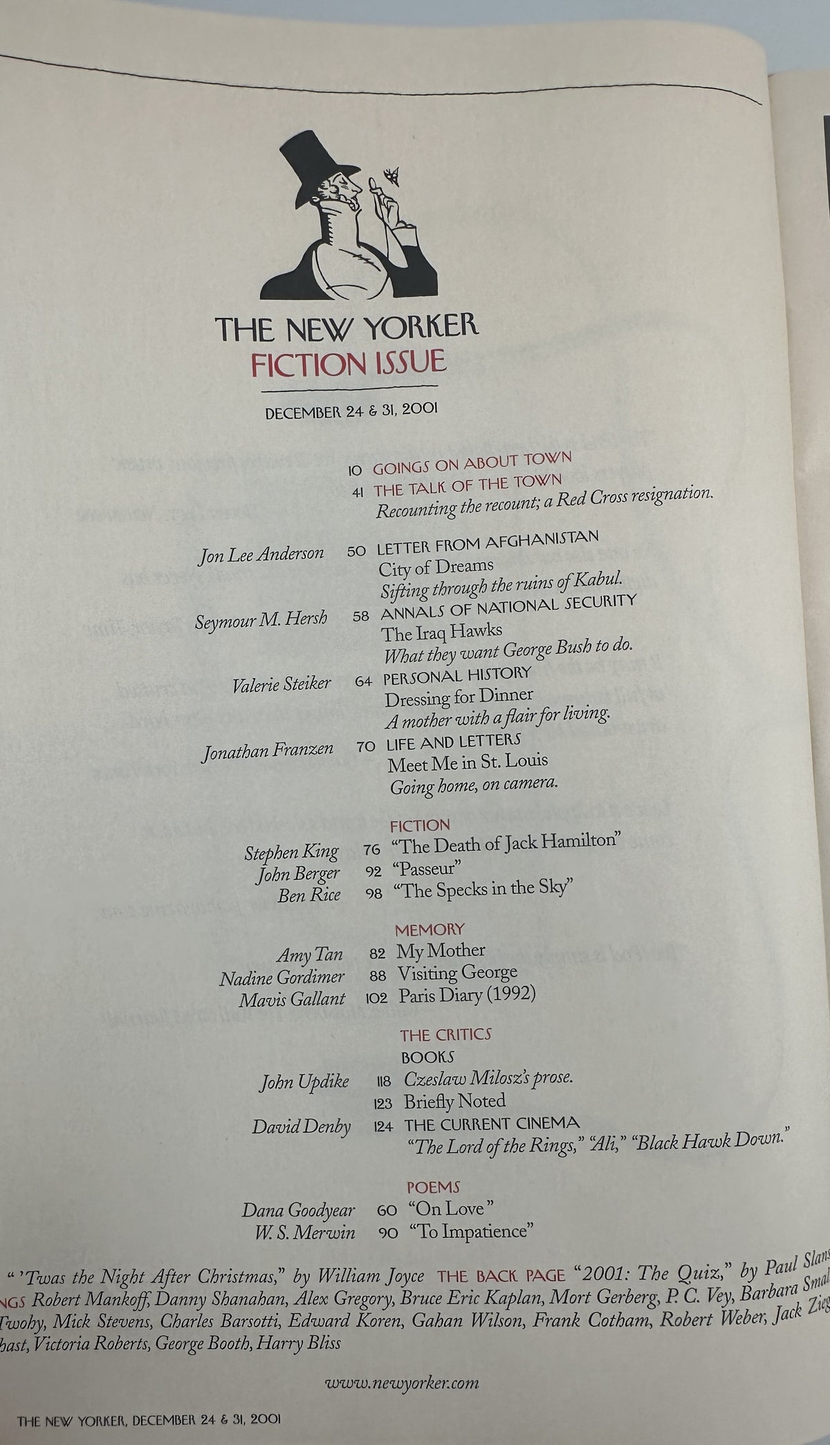 The New Yorker Magazine December 24 & 31, 2001 Santa Naughty and Nice William Joyce Cover VG, showing the issue's printed table of contents and editorial listings.