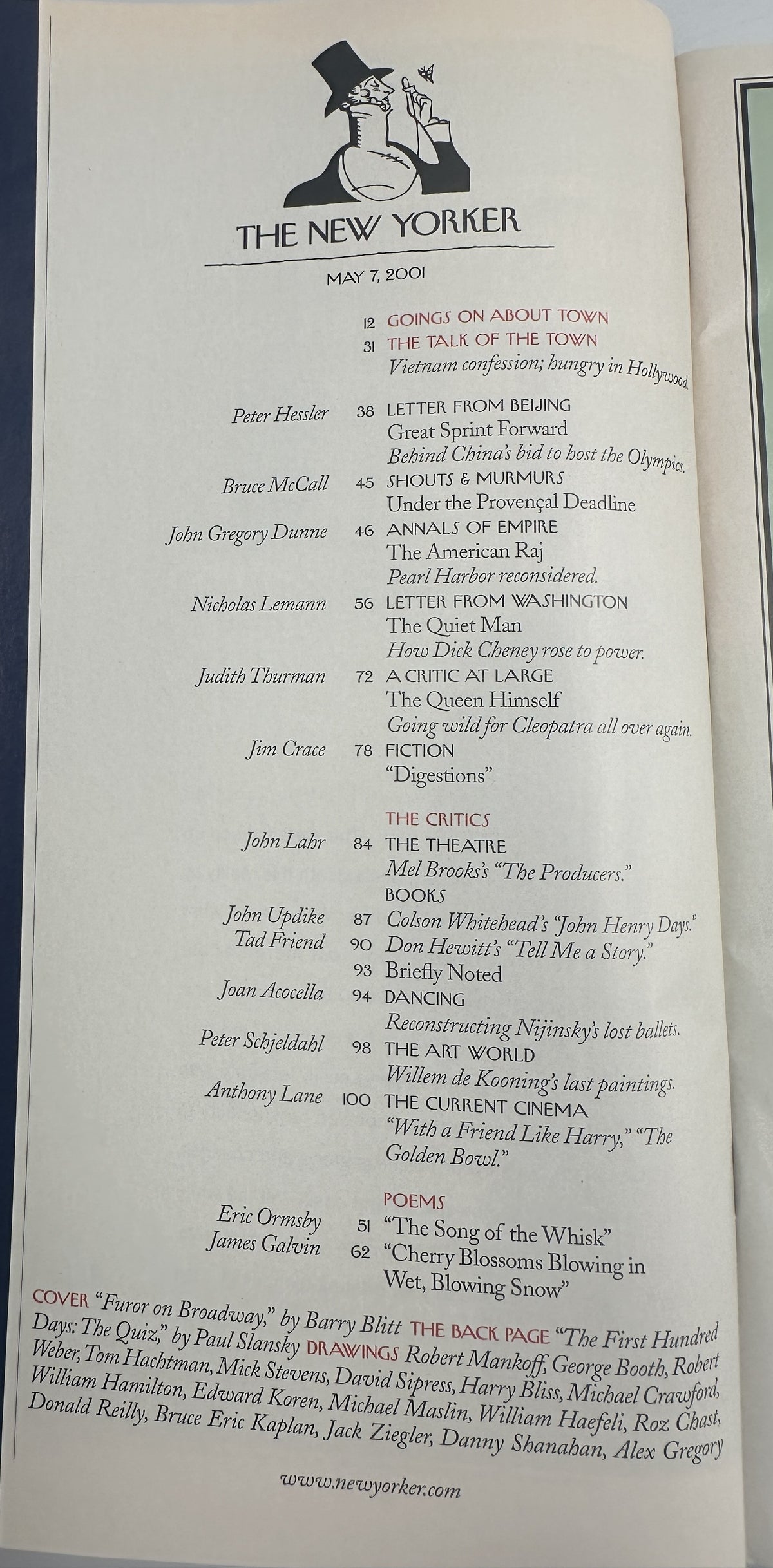 The New Yorker Magazine May 7, 2001 Laughing Crowd Broadway Barry Blitt Cover VG, showing the issue’s table of contents page with articles, fiction, poetry, theater, books, and criticism listings