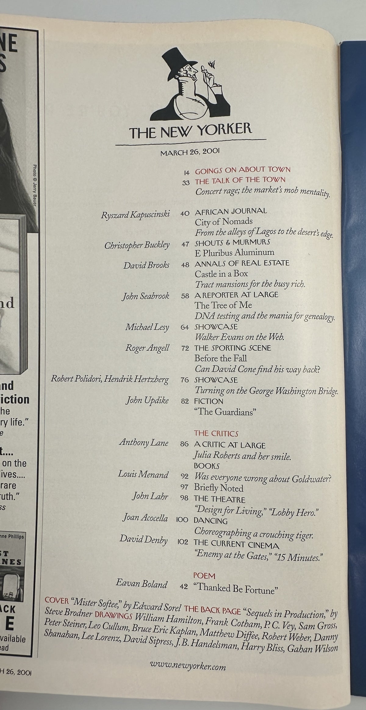 The New Yorker Magazine March 26, 2001 TV Control Room Steve Brodner Cover VG, interior table of contents page with featured articles, fiction, reviews, poetry, and drawings.