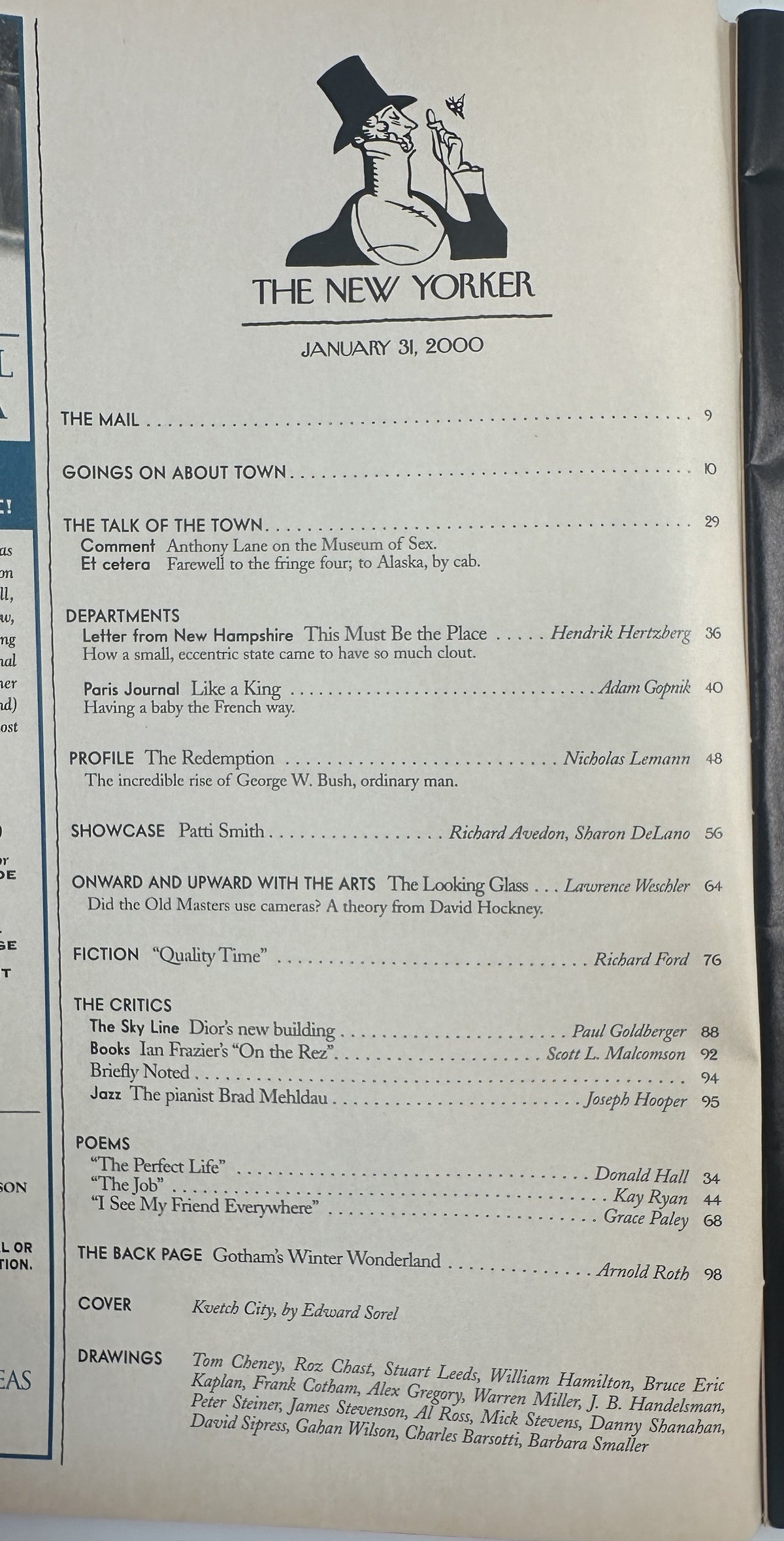 The New Yorker Magazine January 31, 2000 Man Watches Chrysler Building Edward Sorel Cover VG, showing the interior table of contents page with magazine departments, articles, fiction, poems, and drawings.