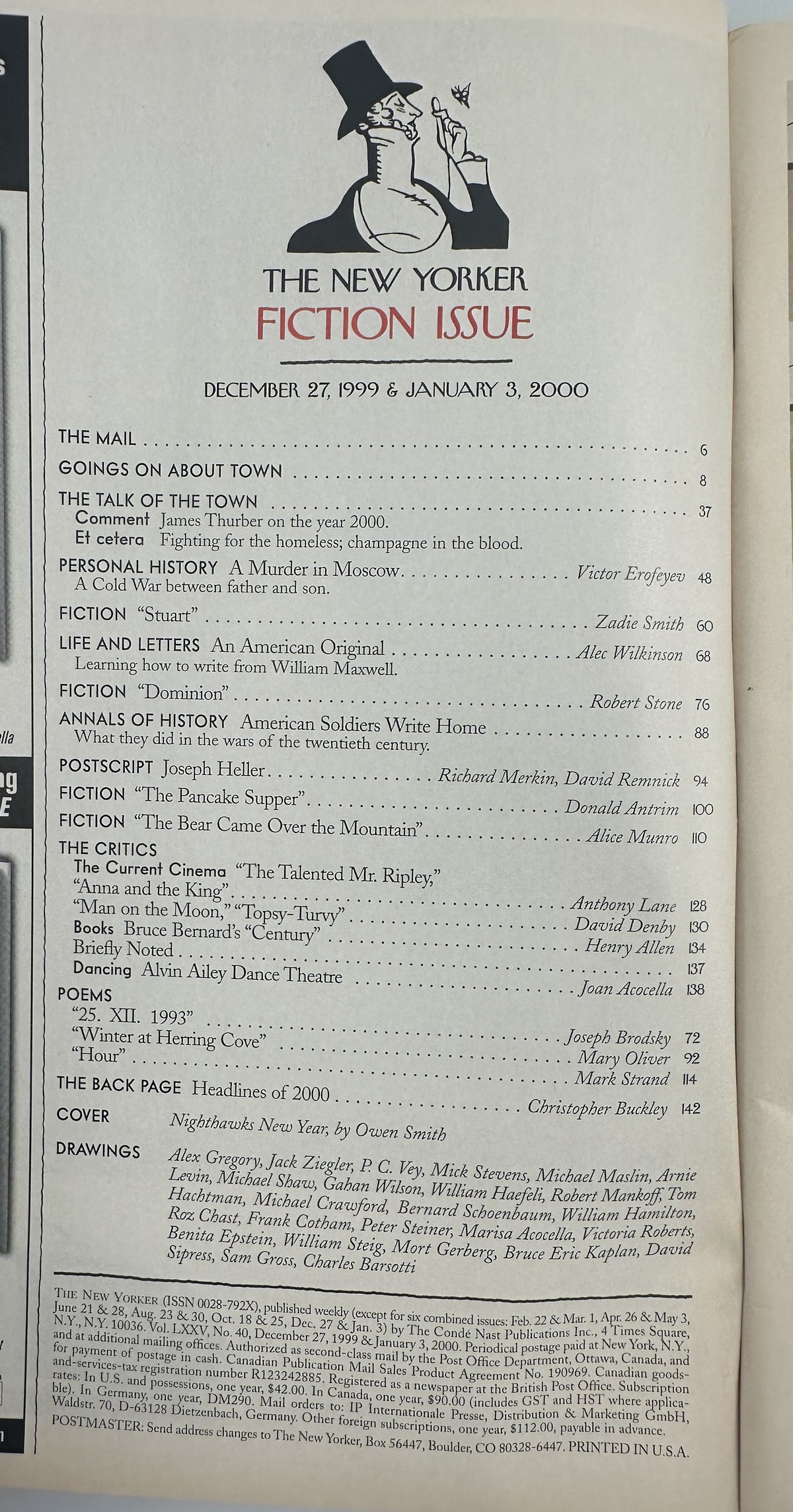The New Yorker Magazine December 27, 1999 & January 3, 2000 Nighthawks New Year Owen Smith VG, interior table of contents page for the fiction issue.
