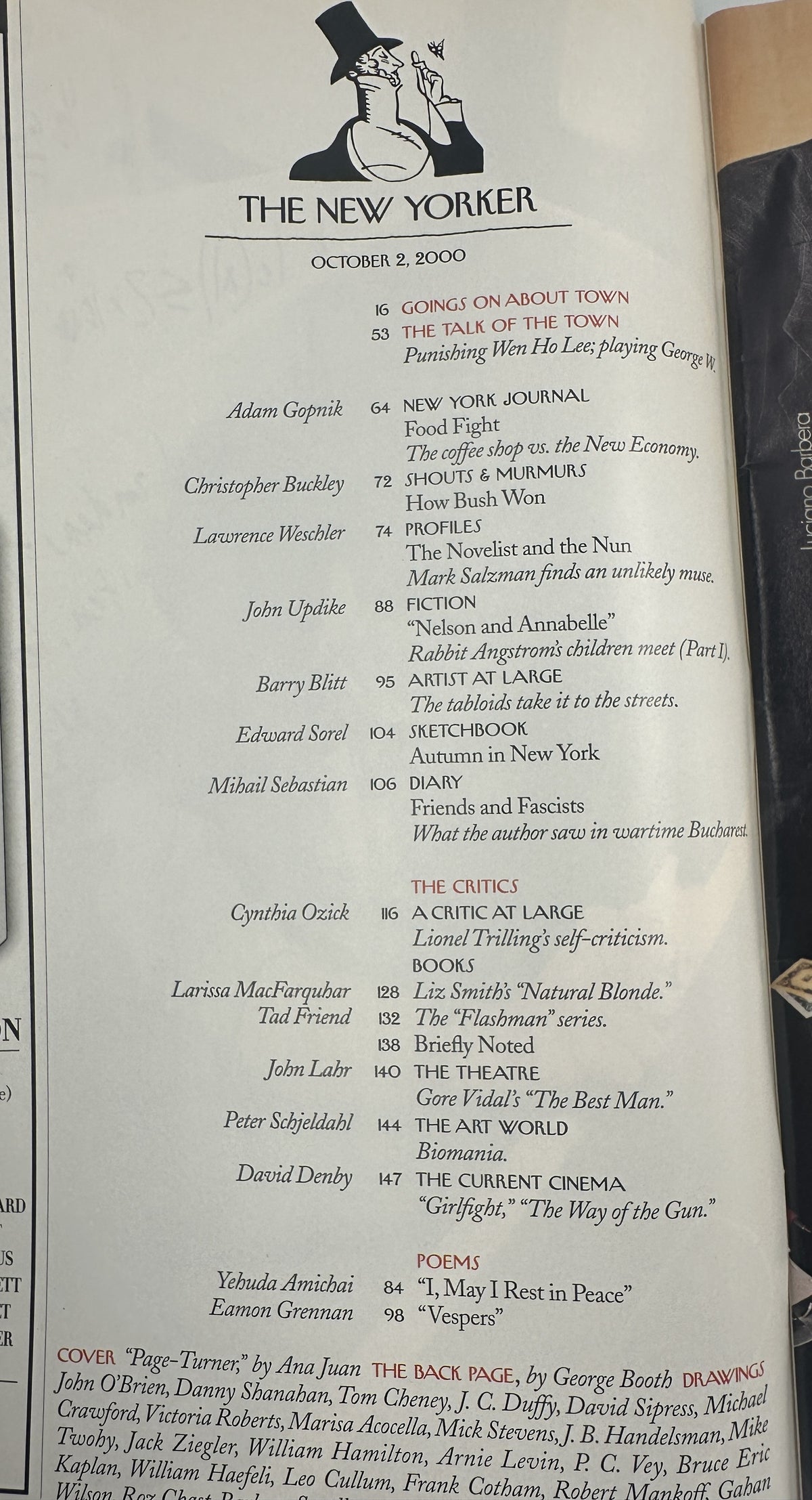 The New Yorker Magazine October 2, 2000 Page-Turner Ana Juan Cover table of contents page showing articles, fiction, poems, critics, and drawings