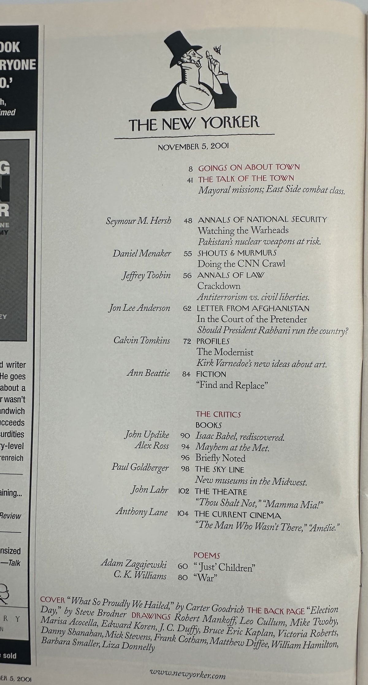The New Yorker Magazine November 5, 2001 American Flags Taxi Carter Goodrich Cover, interior table of contents page featuring articles, fiction, poems, reviews, drawings, and Carter Goodrich cover credit.