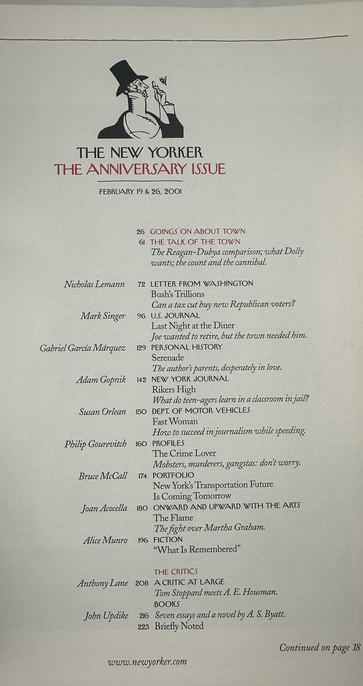 The New Yorker Magazine February 19 & 26, 2001 Top Hat Butterfly Rea Irvin Cover issue table of contents page with listings for articles, fiction, profiles, and reviews