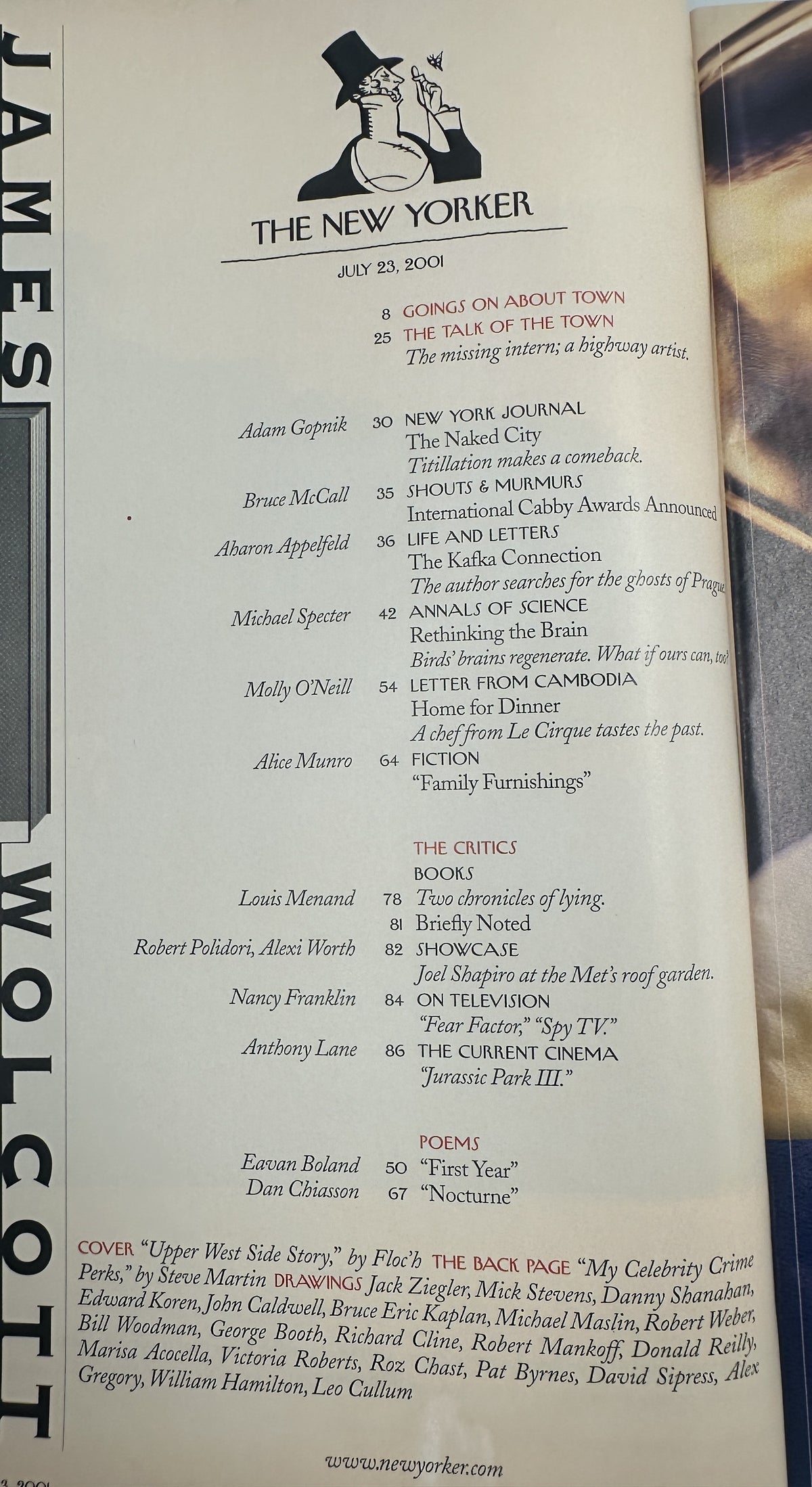 The New Yorker Magazine July 23, 2001 Upper West Side Story Floc’h Cover interior table of contents page listing articles, fiction, poems, reviews, and cartoons