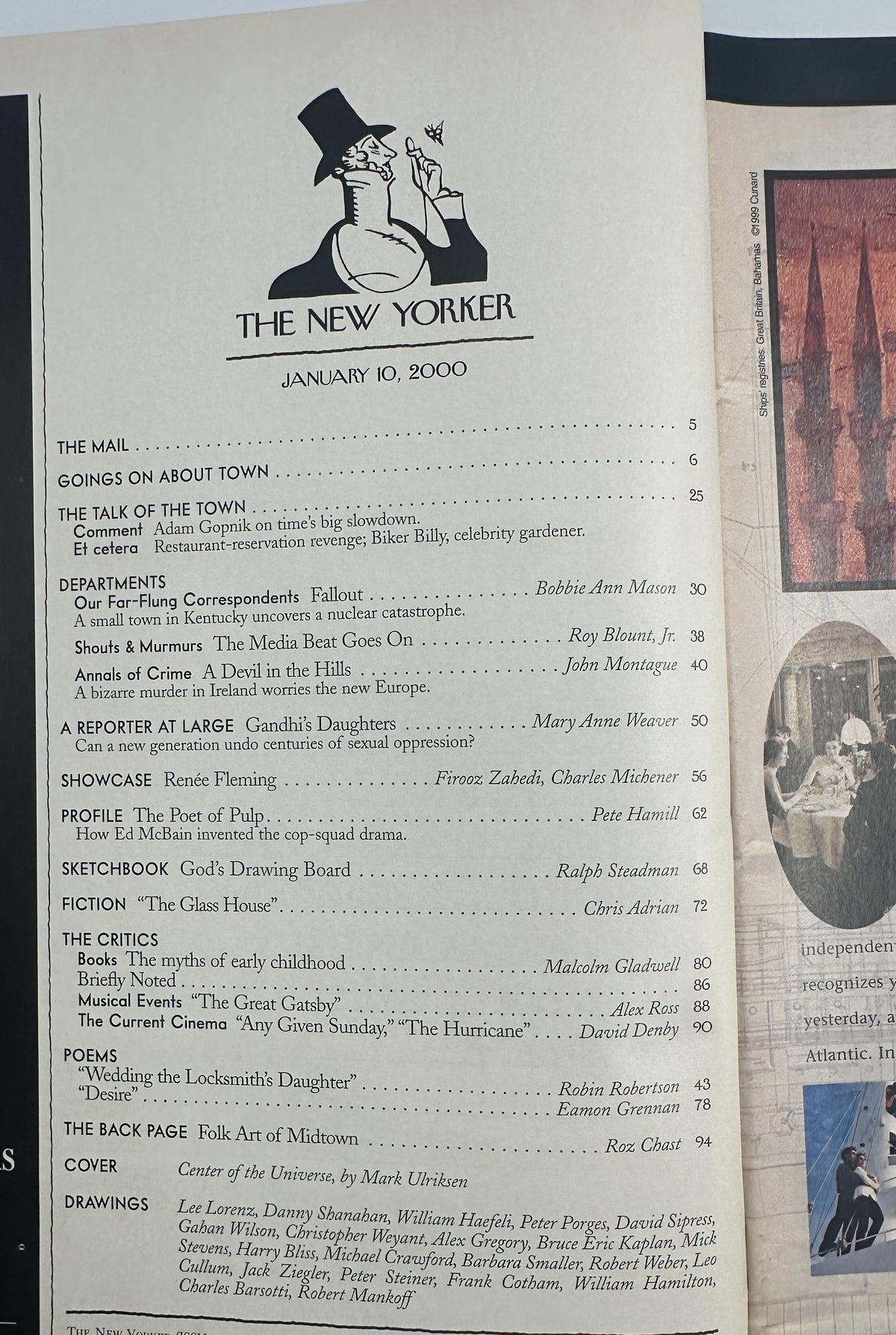 The New Yorker Magazine January 10, 2000 NYC Skyline Galaxy Mark Ulriksen Cover, open to the table of contents page with issue departments, articles, fiction, poems, and cover credits