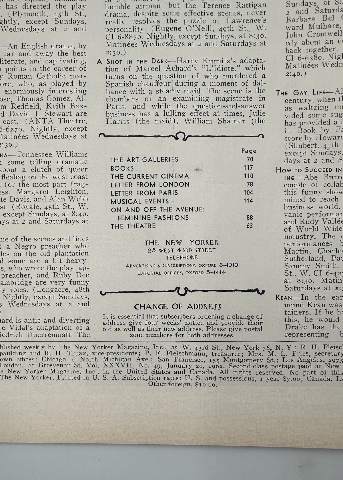 The New Yorker Magazine January 20, 1962 Ballet Dancers Arthur Getz