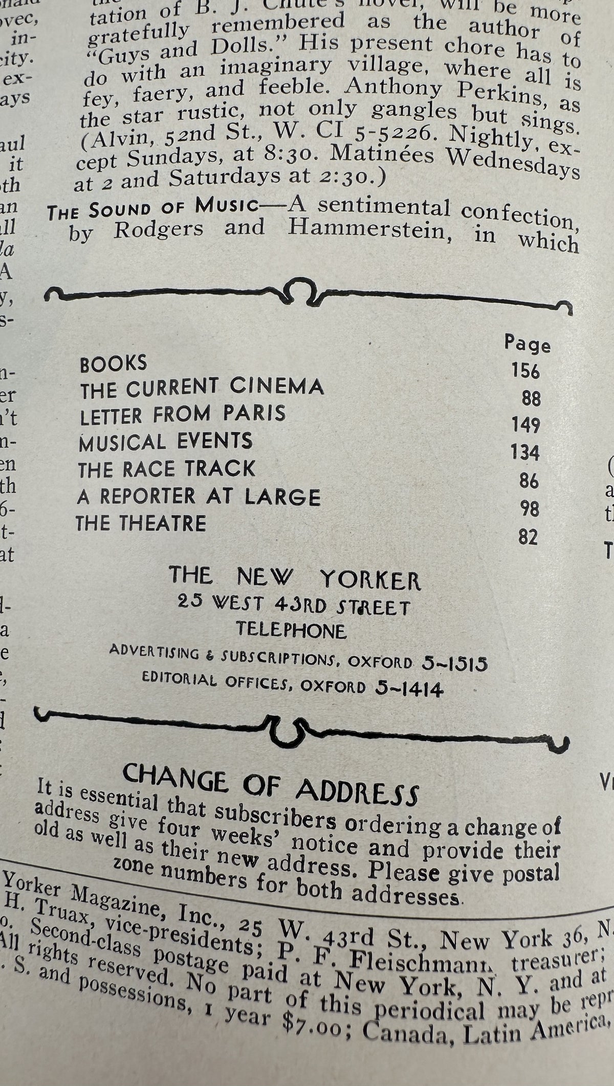 The New Yorker Magazine April 2, 1960 NYC Skyline Sunset Saul Steinberg Cover VG, showing the printed table of contents with listings for Books, The Current Cinema, Letter from Paris, Musical Events, The Race Track, A Reporter at Large, and The Theatre.