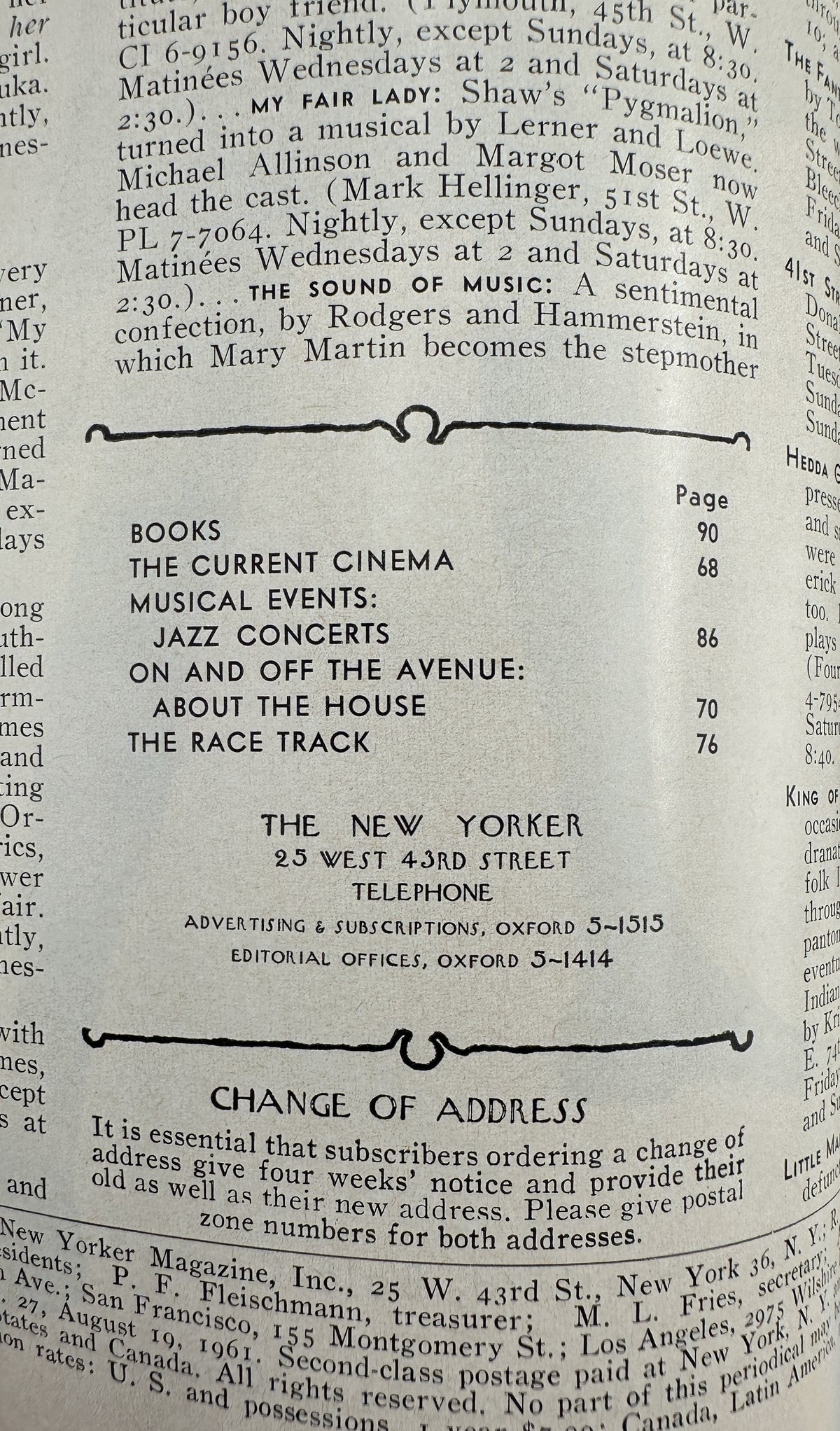 The New Yorker Magazine August 19, 1961 UN Skyline Barge Garrett Price Cover VG table of contents page with listings for books, current cinema, jazz concerts, house features, and the race track