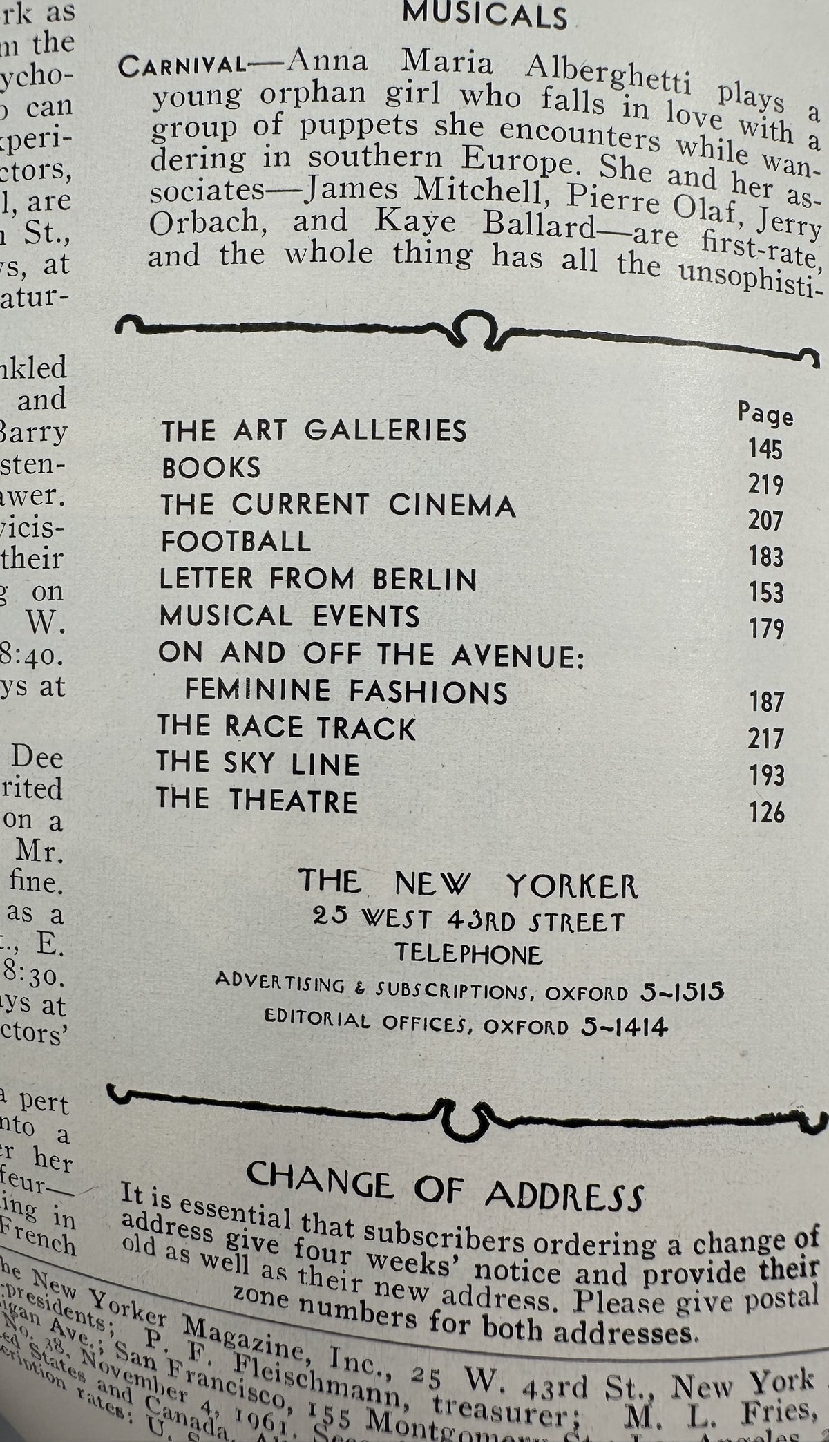 The New Yorker Magazine November 4, 1961 Commuter Train Arthur Getz Cover VG, interior table of contents page listing art galleries, books, cinema, football, Berlin, musical events, fashion, racing, theater, and other departments.