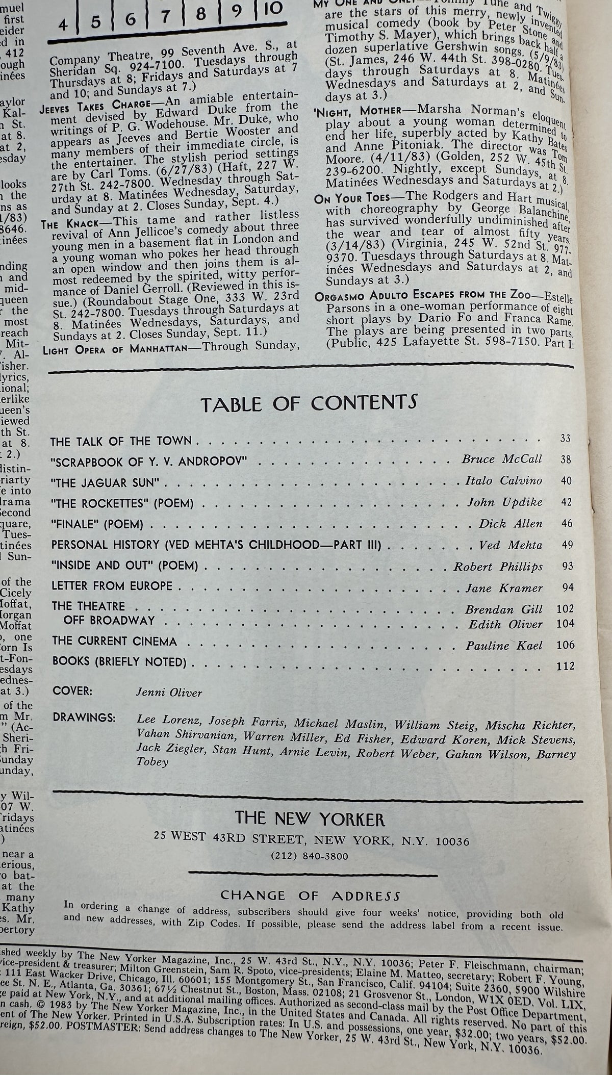 The New Yorker Magazine September 5, 1983 Victorian House Jenni Oliver Cover VG, showing the printed table of contents and magazine publication details.