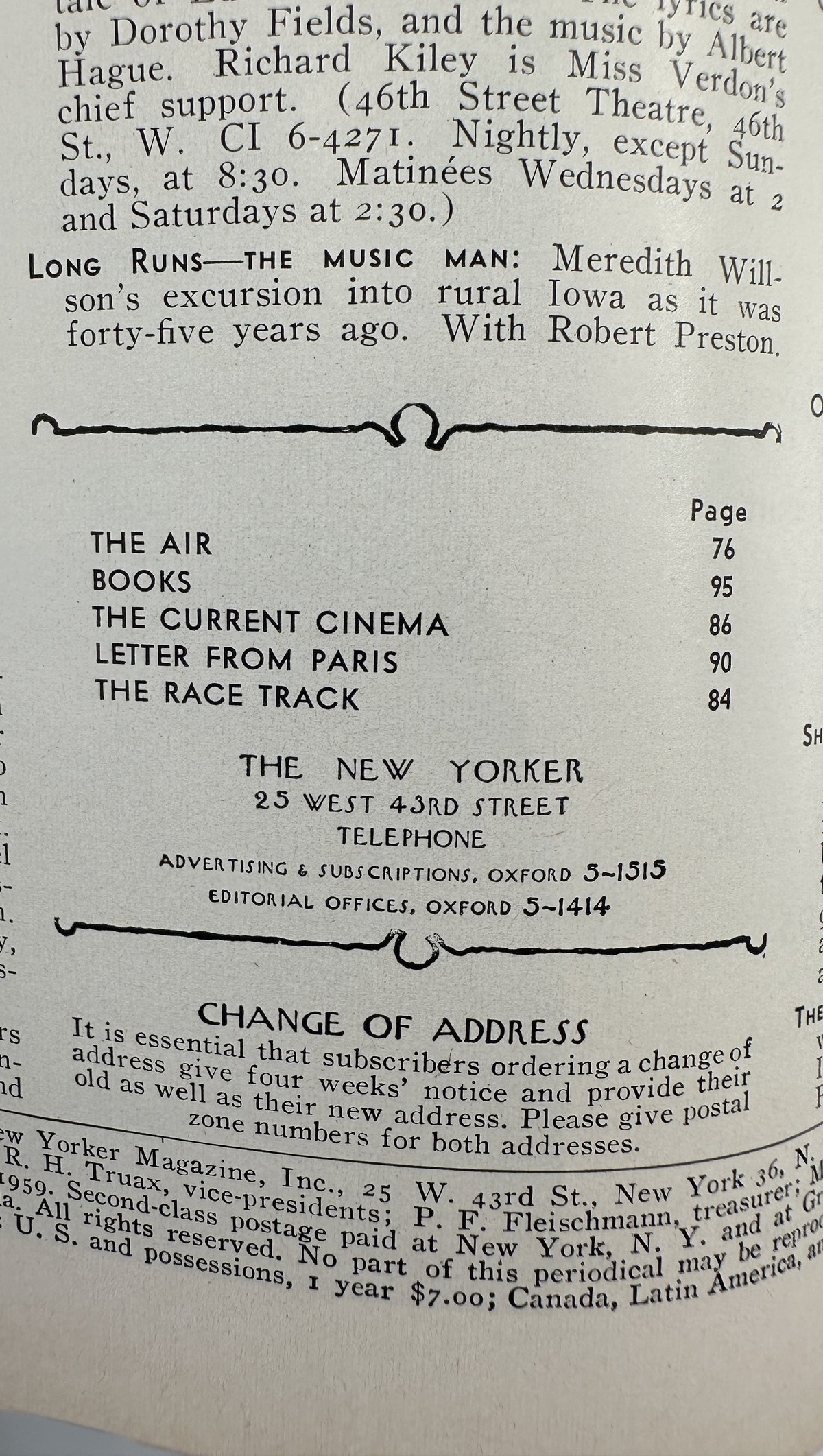 The New Yorker Magazine August 8, 1959 Chef Kitchen Perry Barlow Cover, interior table of contents page listing The Air, Books, The Current Cinema, Letter from Paris, and The Race Track.