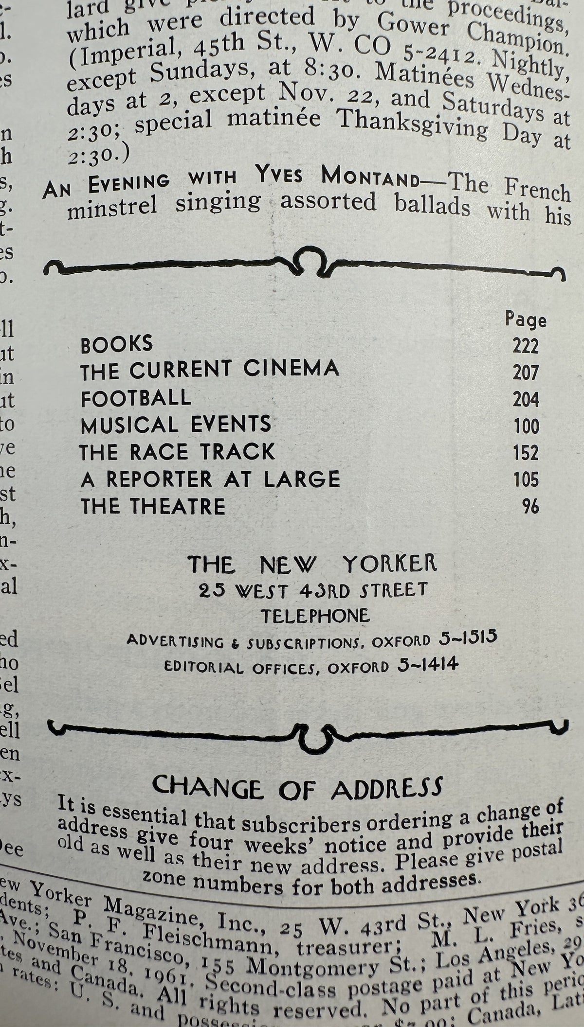 The New Yorker Magazine November 18, 1961 Rainy Football Game Abe Birnbaum Cover interior contents page listing Books, The Current Cinema, Football, Musical Events, The Race Track, A Reporter at Large, and The Theatre.