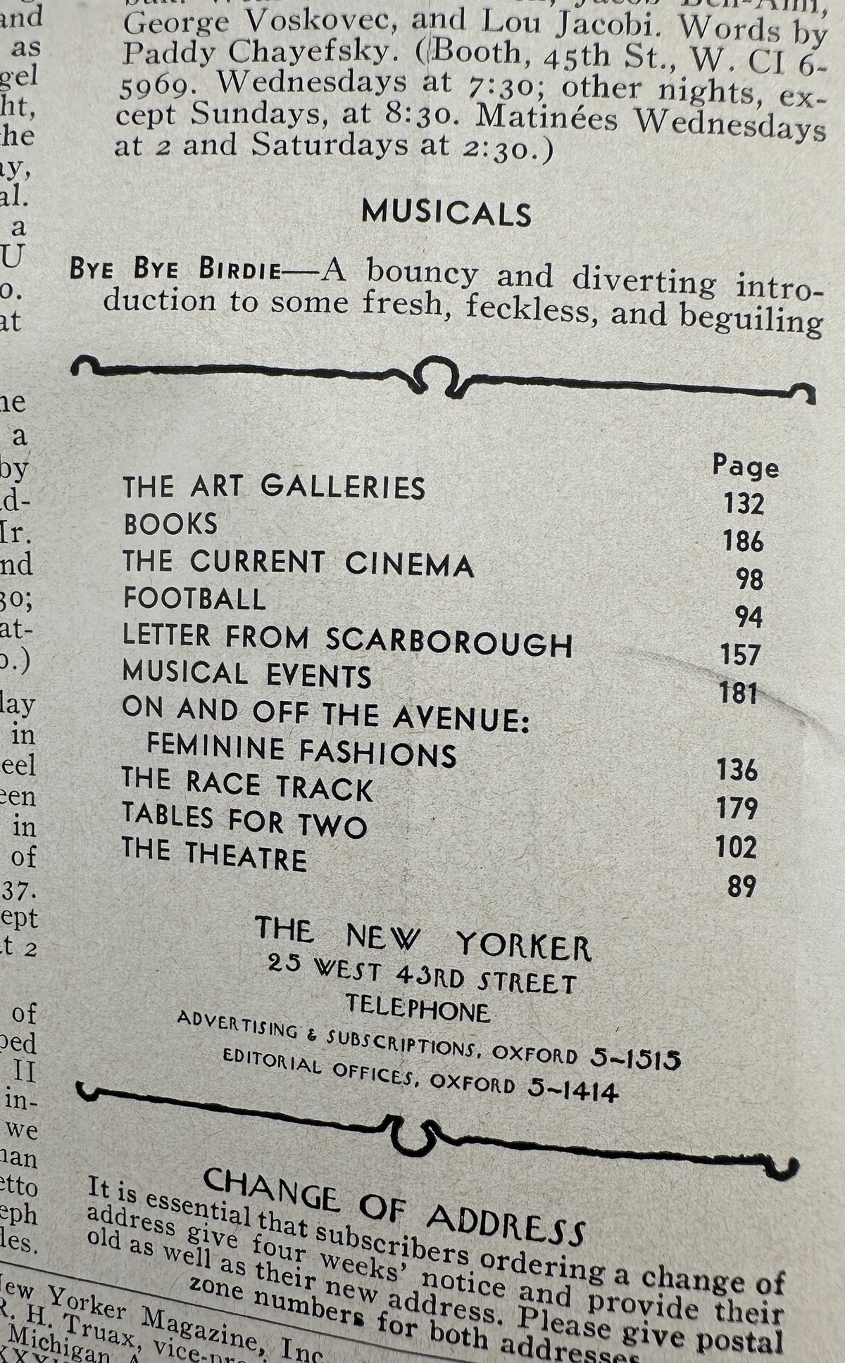 The New Yorker Magazine October 22, 1960 Night Flying Men William Steig Cover, interior table of contents page listing musical events, art galleries, books, football, cinema, theatre, and other features.