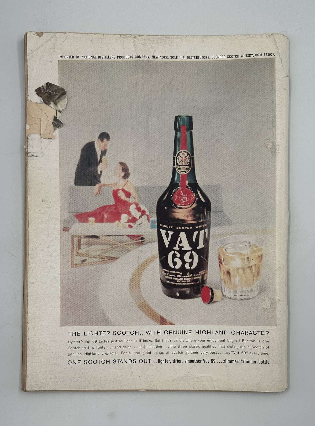 The New Yorker Magazine October 22, 1960 Night Flying Men William Steig Cover, featuring a vintage Vat 69 Scotch whisky advertisement with a couple in the background and a glass of whisky.