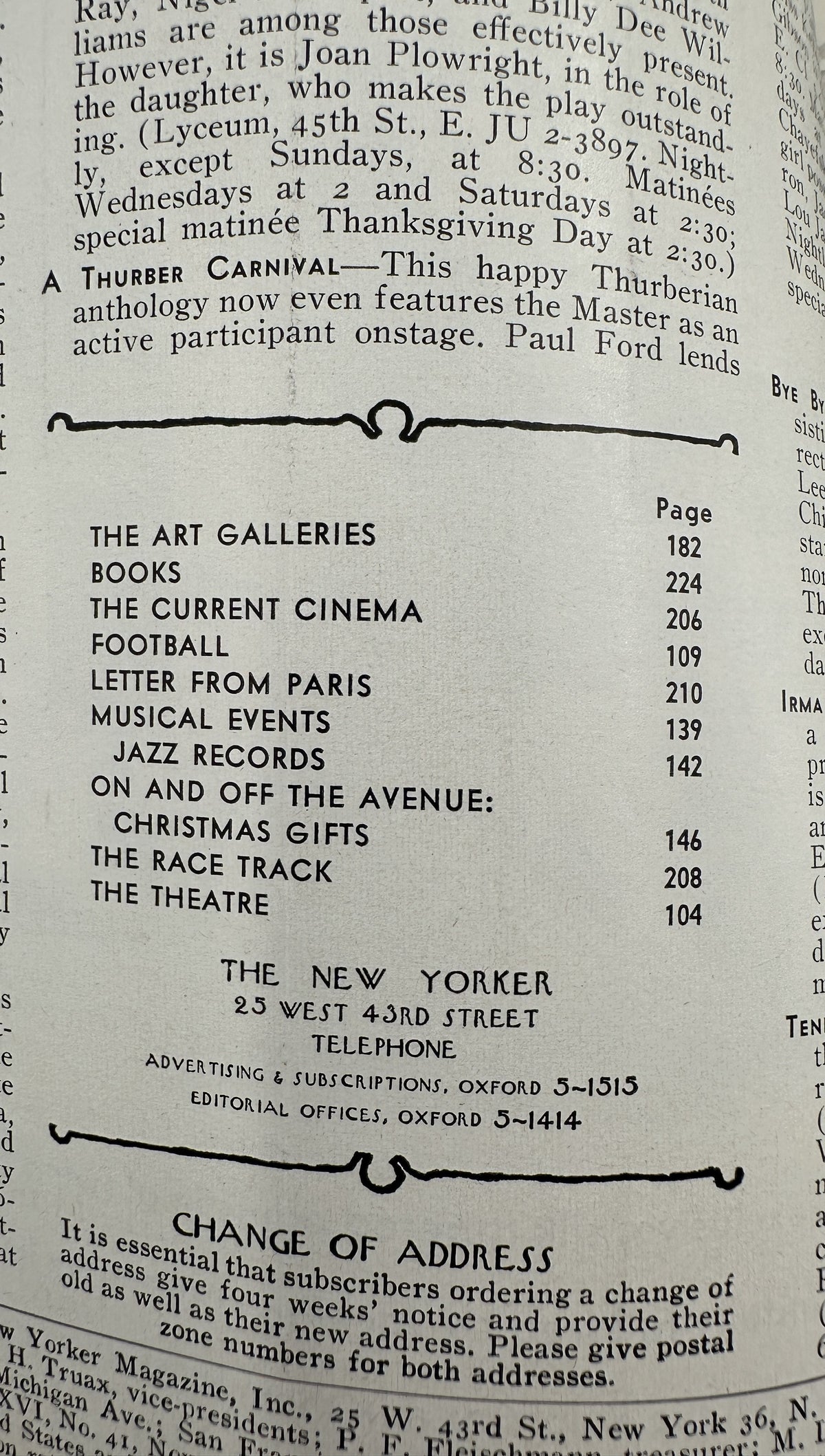 The New Yorker Magazine November 26, 1960 Thanksgiving Turkey Abe Birnbaum Cover, open to the table of contents page listing features including art galleries, books, football, jazz records, Christmas gifts, and theatre.