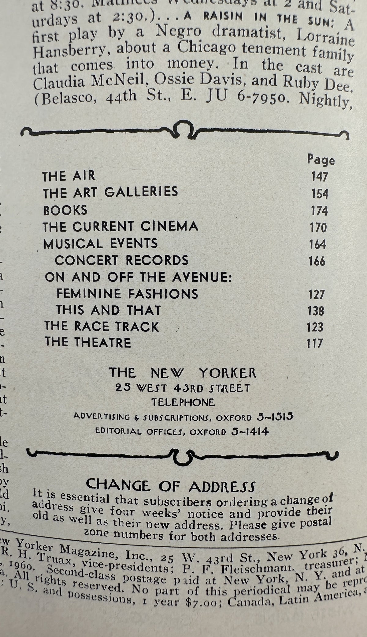 The New Yorker Magazine March 19, 1960 Winter Trees City Garrett Price Cover contents page showing departments, page numbers, and change of address notice