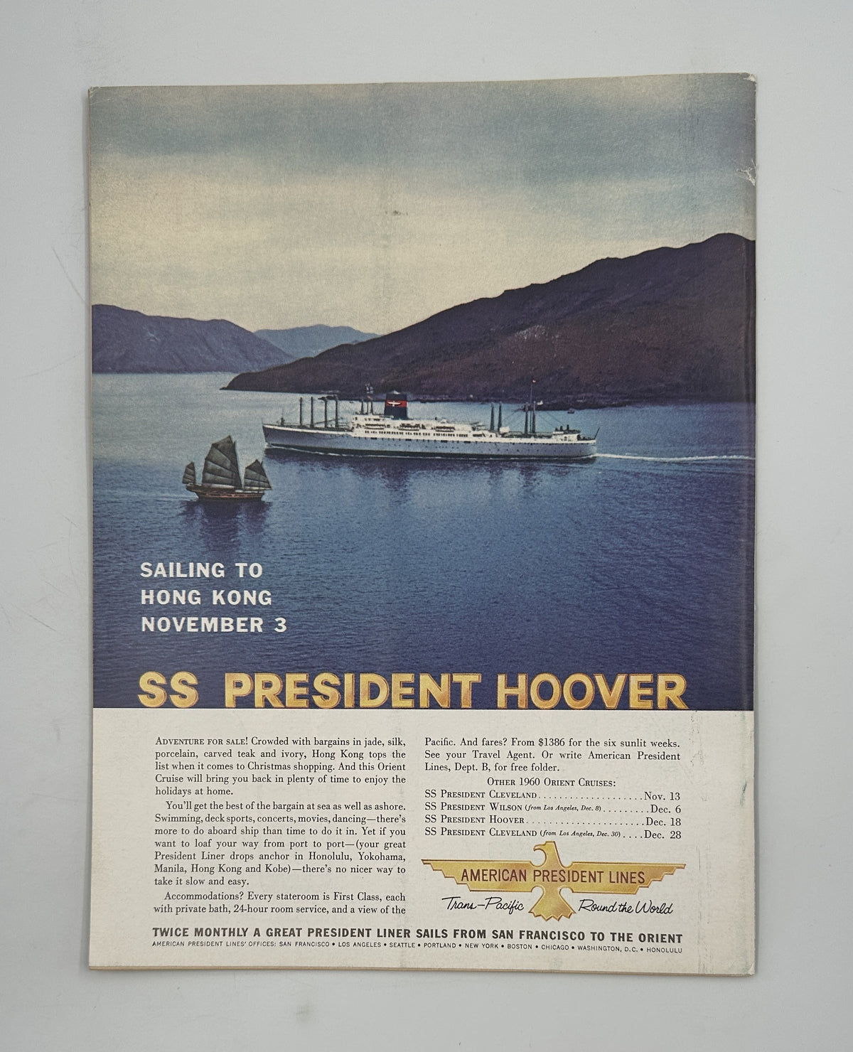 The New Yorker Magazine July 30, 1960 Woodland Mailbox Satyr Charles Addams Cover, pictured with a vintage SS President Hoover sailing advertisement for American President Lines.