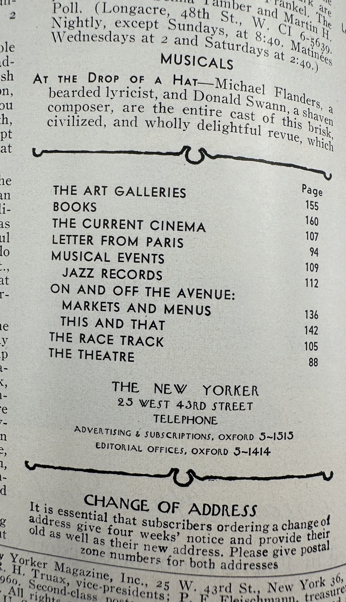 The New Yorker Magazine April 9, 1960 Chefs Kitchen Copper Pot Abe Birnbaum Cover, showing the printed table of contents with listings for art galleries, books, cinema, music, markets and menus, the race track, and theatre.