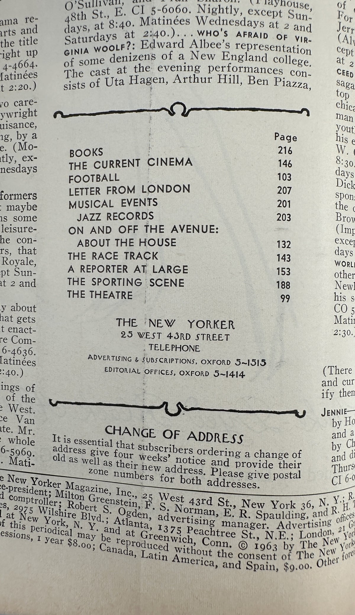 The New Yorker Magazine October 19, 1963 Pool Leaves Charles D. Saxon Cover interior page showing the table of contents and change of address information