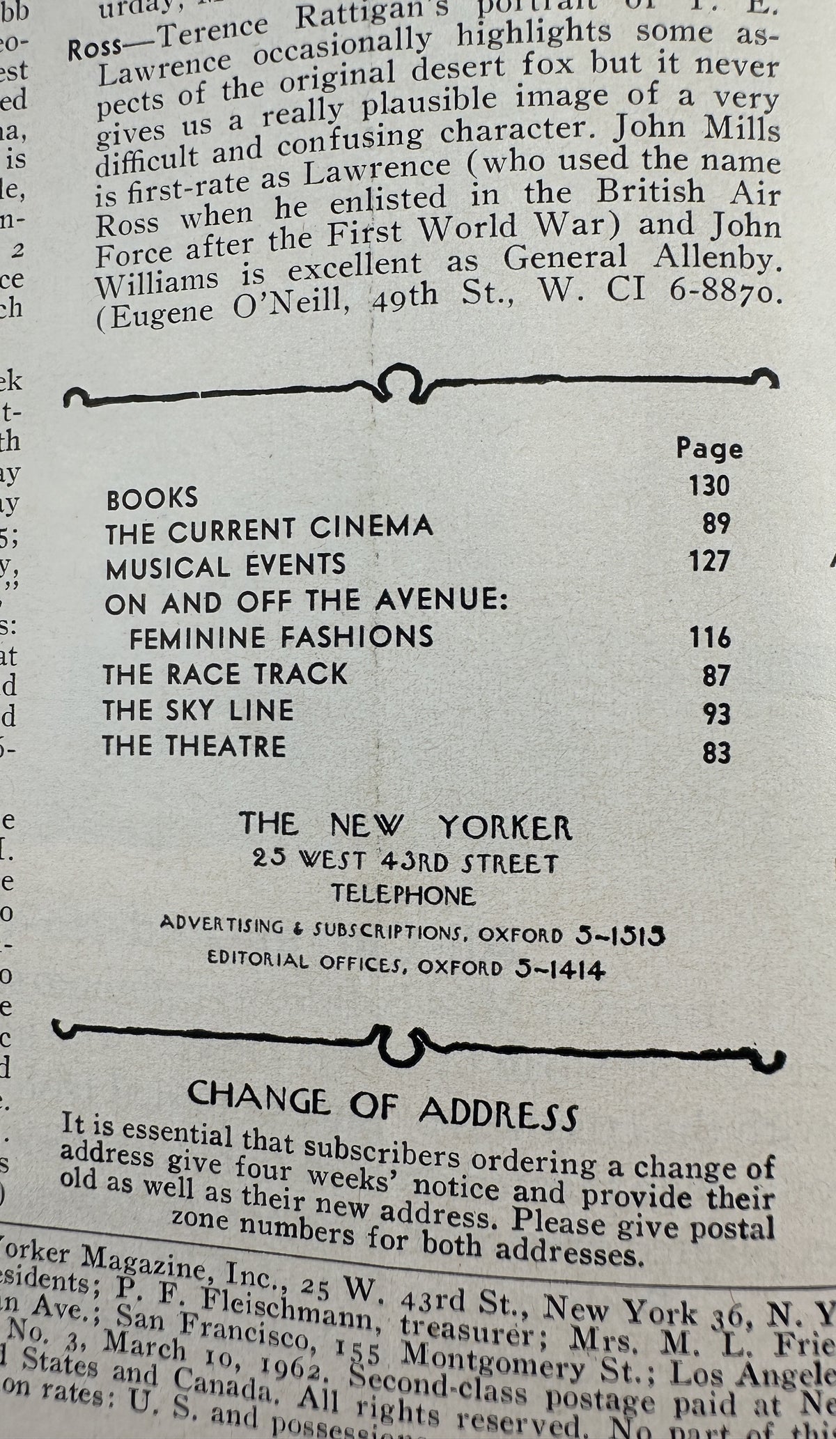 The New Yorker Magazine March 10, 1962 table of contents page featuring Books, The Current Cinema, Musical Events, Feminine Fashions, The Race Track, The Sky Line, and The Theatre listings.