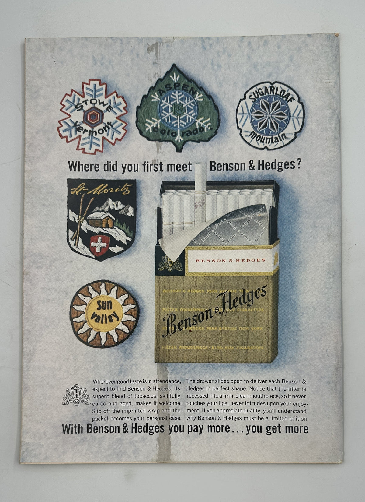 The New Yorker Magazine February 24, 1962 Top Hat Butterfly Rea Irvin Cover, showing a vintage Benson & Hedges cigarette advertisement with illustrated matchbook emblems.