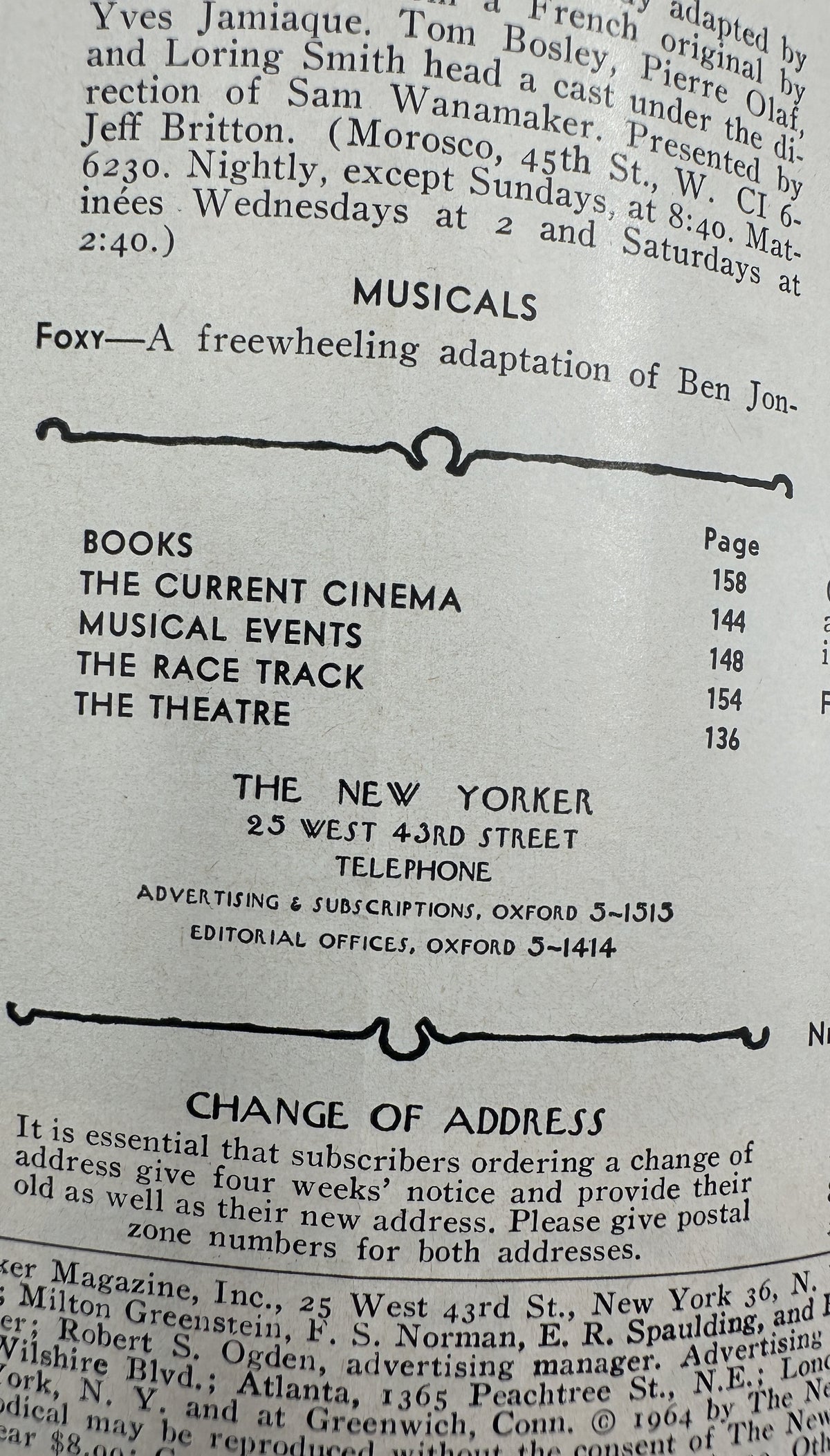 The New Yorker Magazine March 28, 1964 Lily Flower Abe Birnbaum Cover, interior table of contents page listing books, cinema, musical events, race track, and theatre sections.